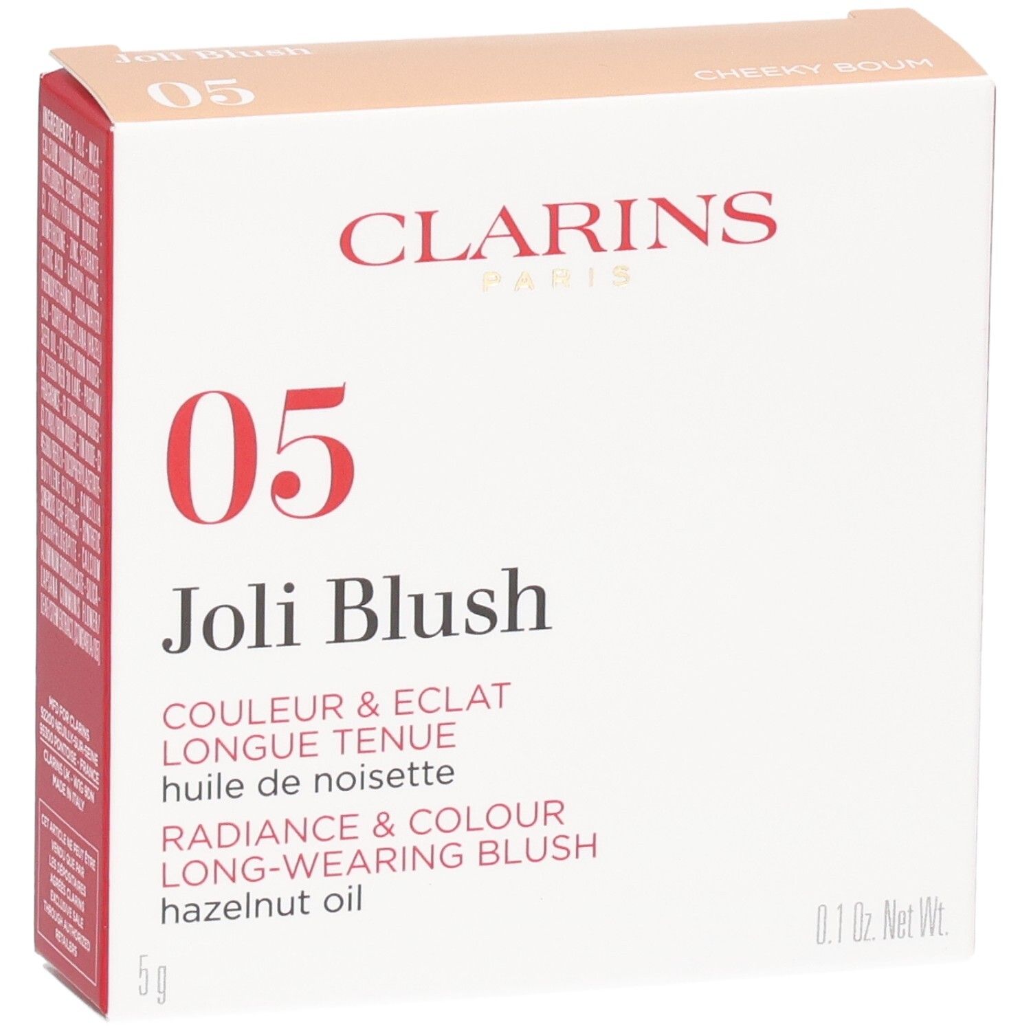 Emballage Clarins Joli Blush 05 Cheeky Boum, face avant avec nom produit et numéro couleur 05.