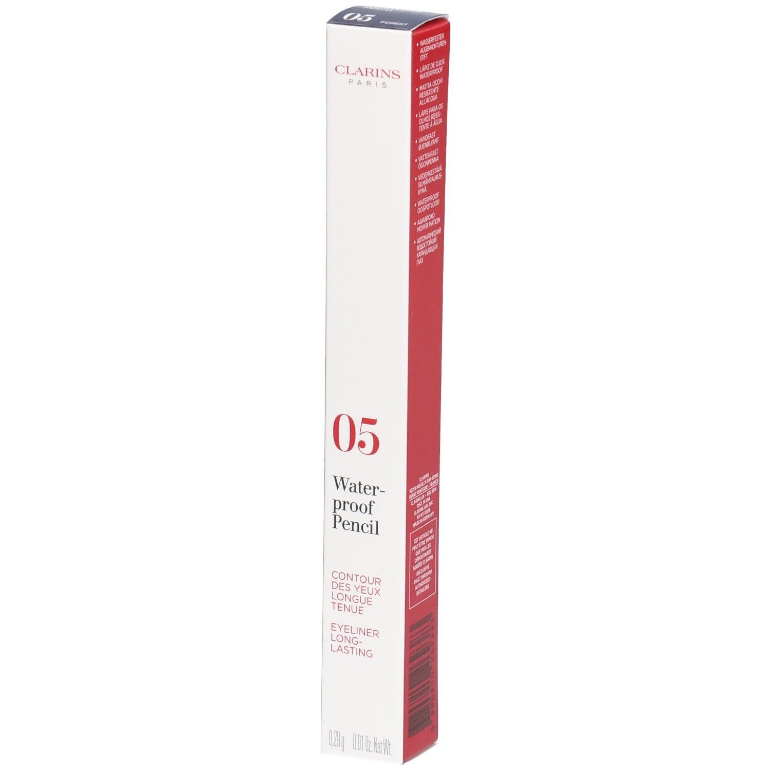 Crayon Yeux Waterproof Clarins 05 Forest, emballé dans une boîte blanche et rouge.