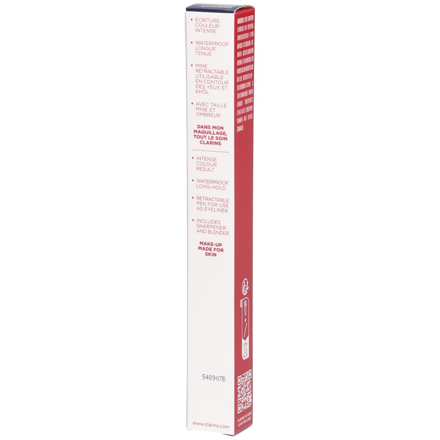 Vue latérale de la boîte du Crayon Yeux Waterproof Clarins 05 Forest avec caractéristiques.