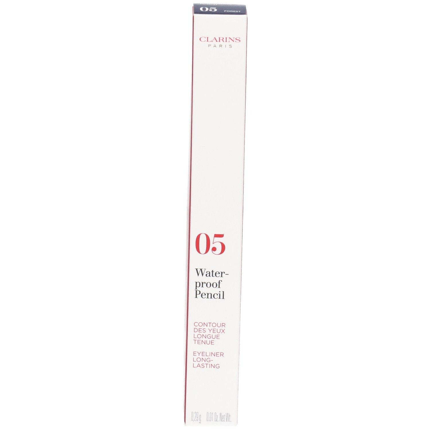 Crayon Yeux Waterproof Clarins 05 Forest, emballé dans une boîte blanche et rouge.