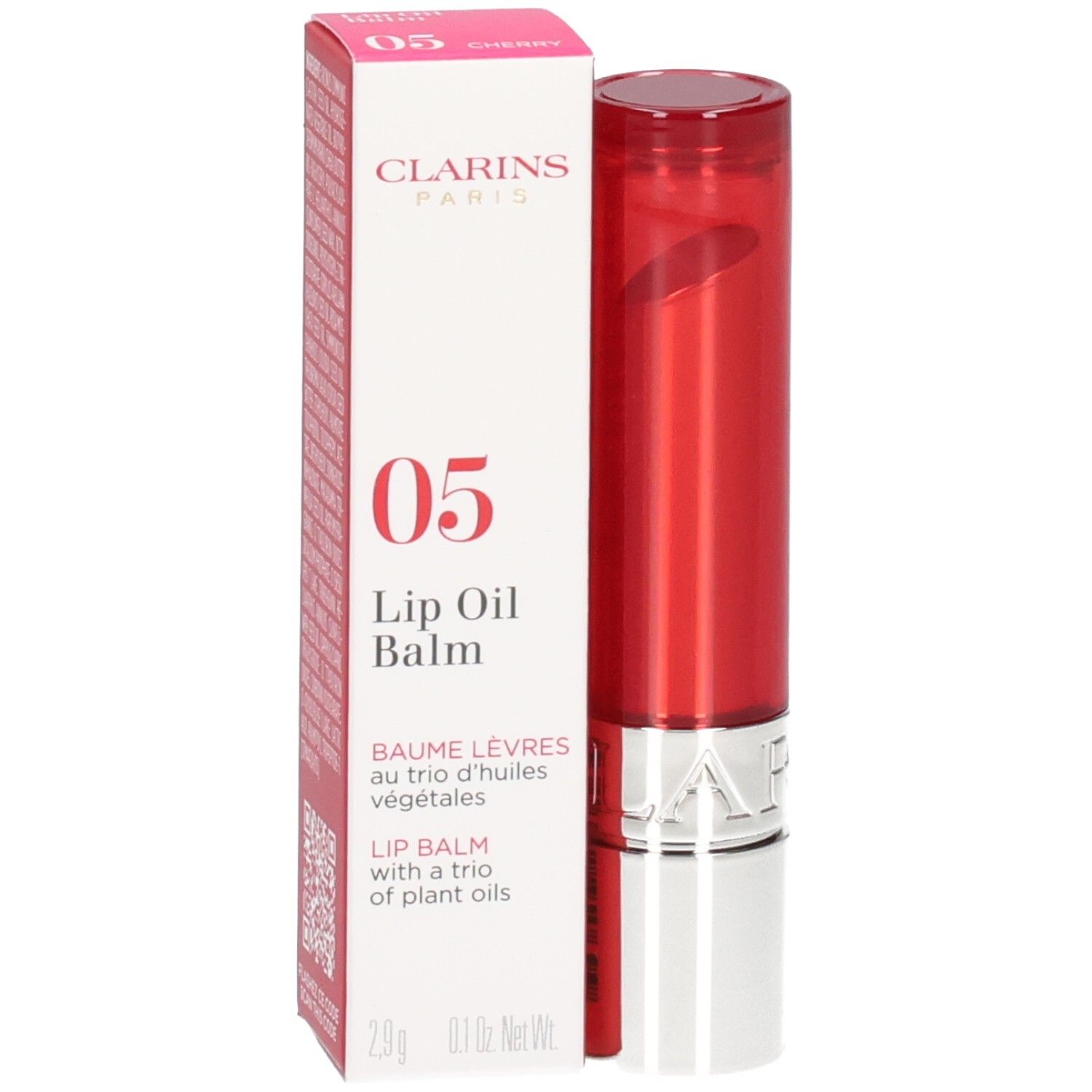 Clarins Lip Balm Oil 05 dans son étui rouge avec boîte.