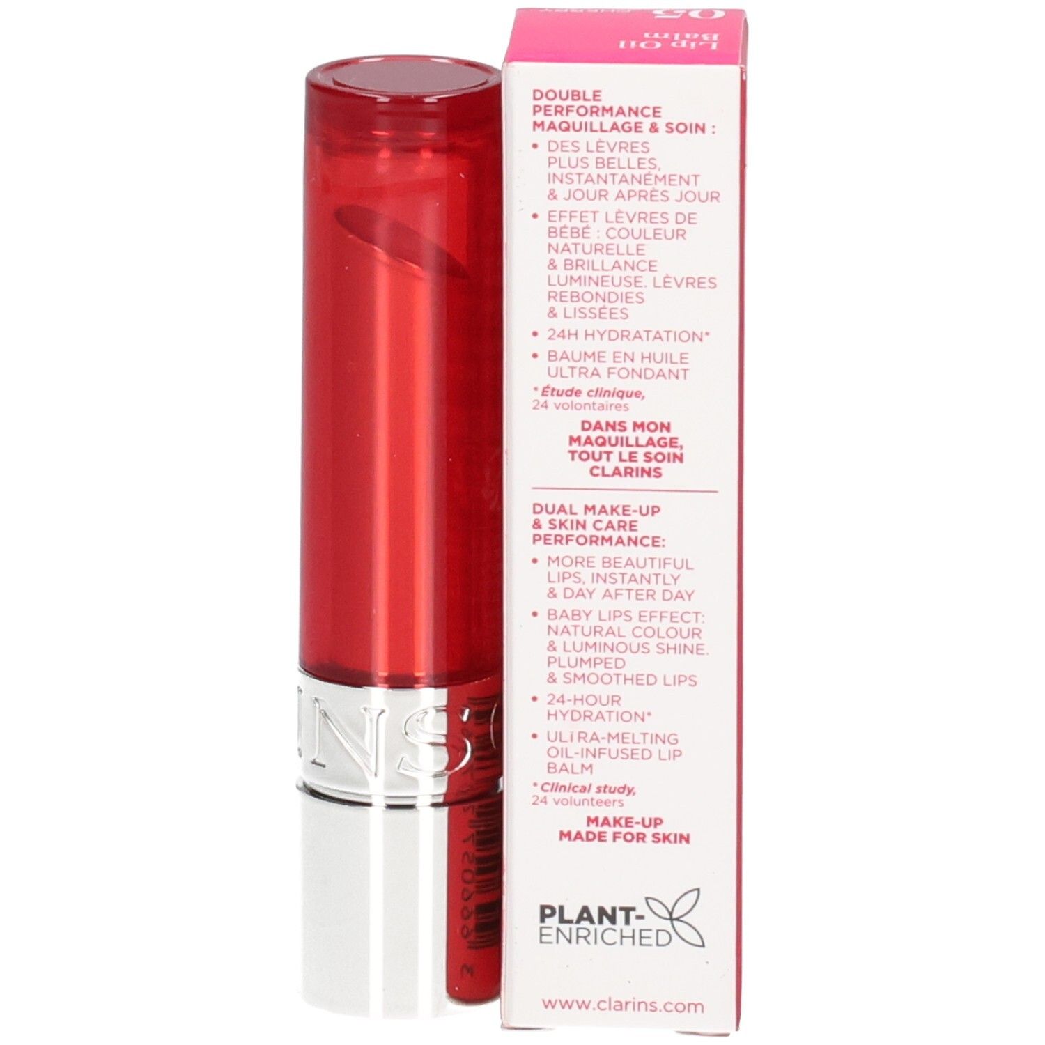 Clarins Lip Balm Oil 05 dans son étui rouge, boîte ouverte.