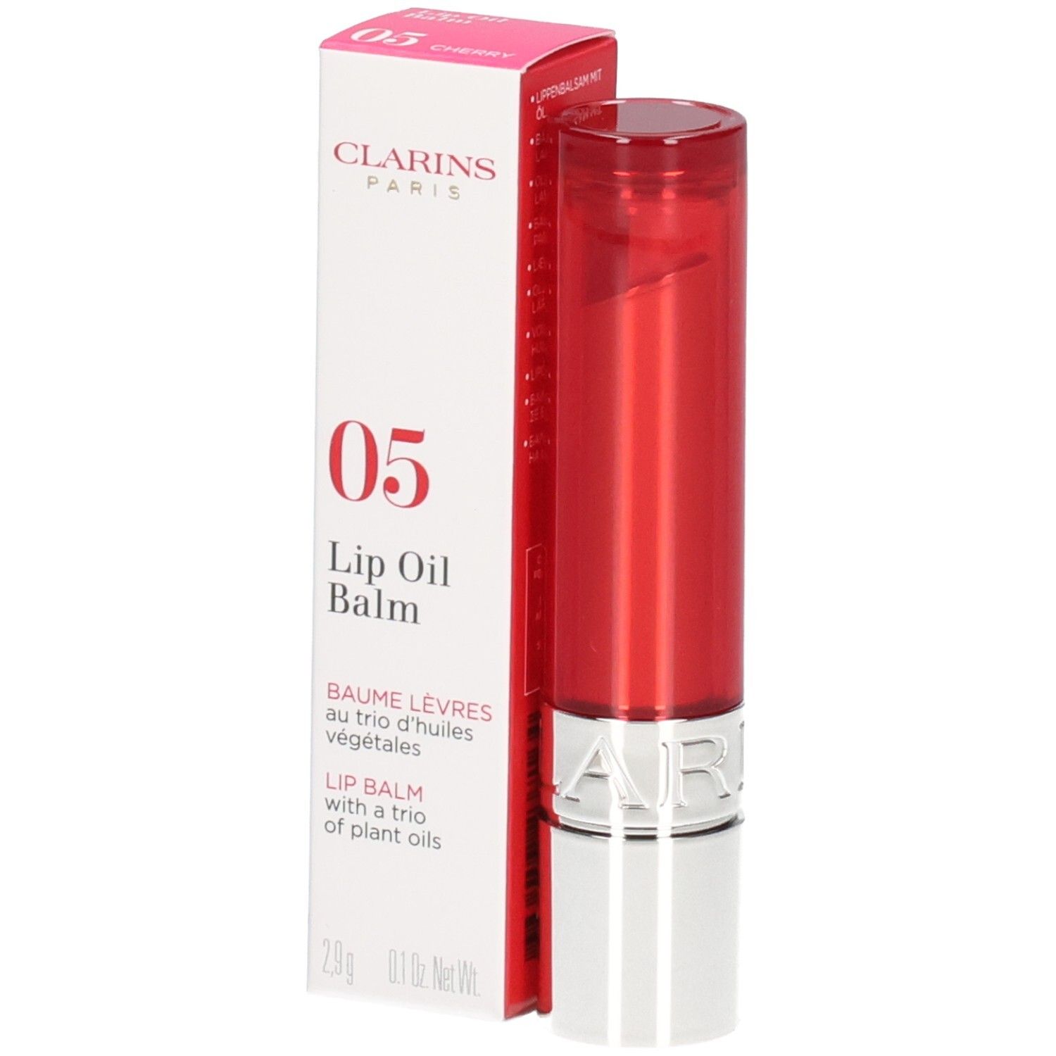 Clarins Lip Balm Oil 05 dans son étui rouge avec boîte.