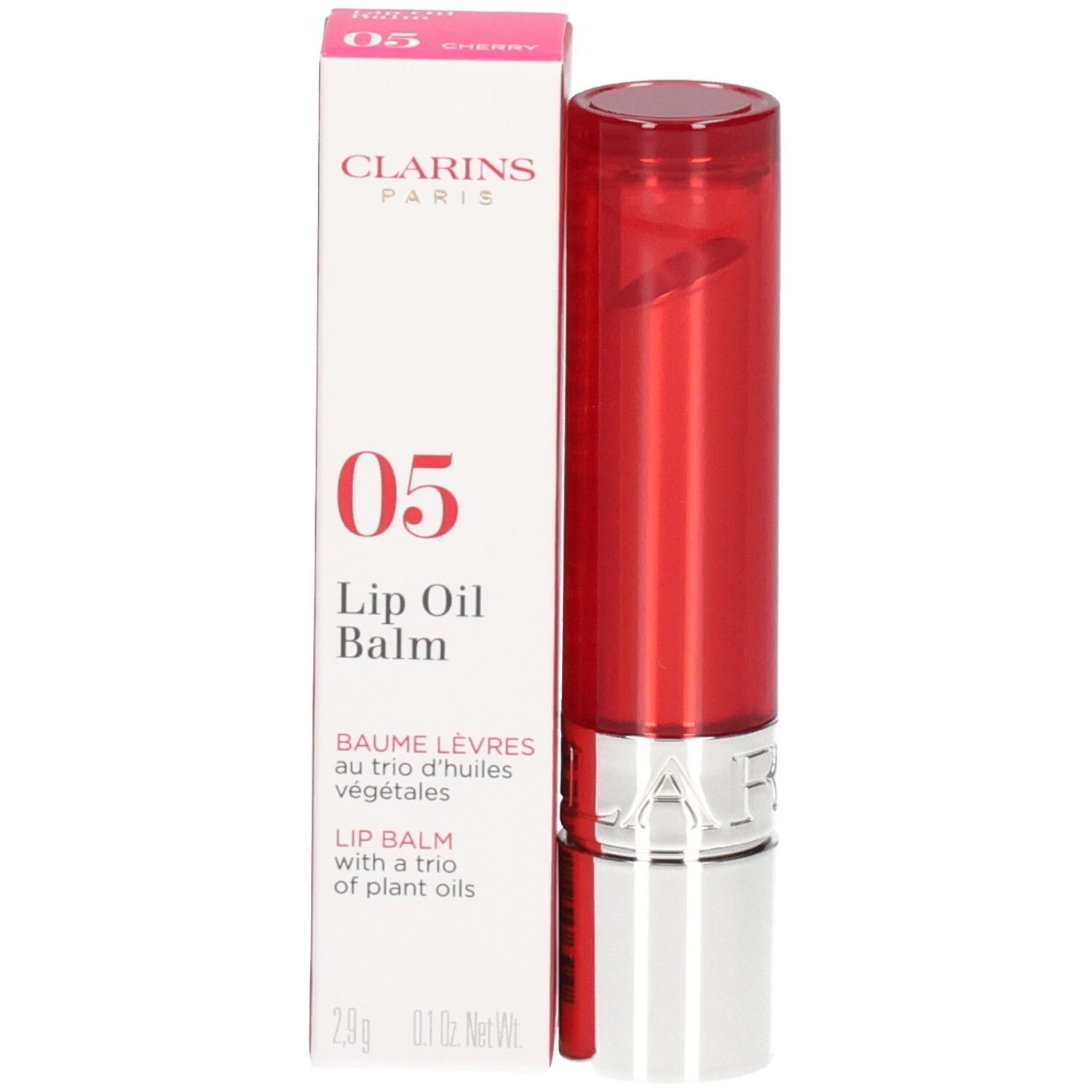Clarins Lip Balm Oil 05 dans son étui rouge avec boîte.