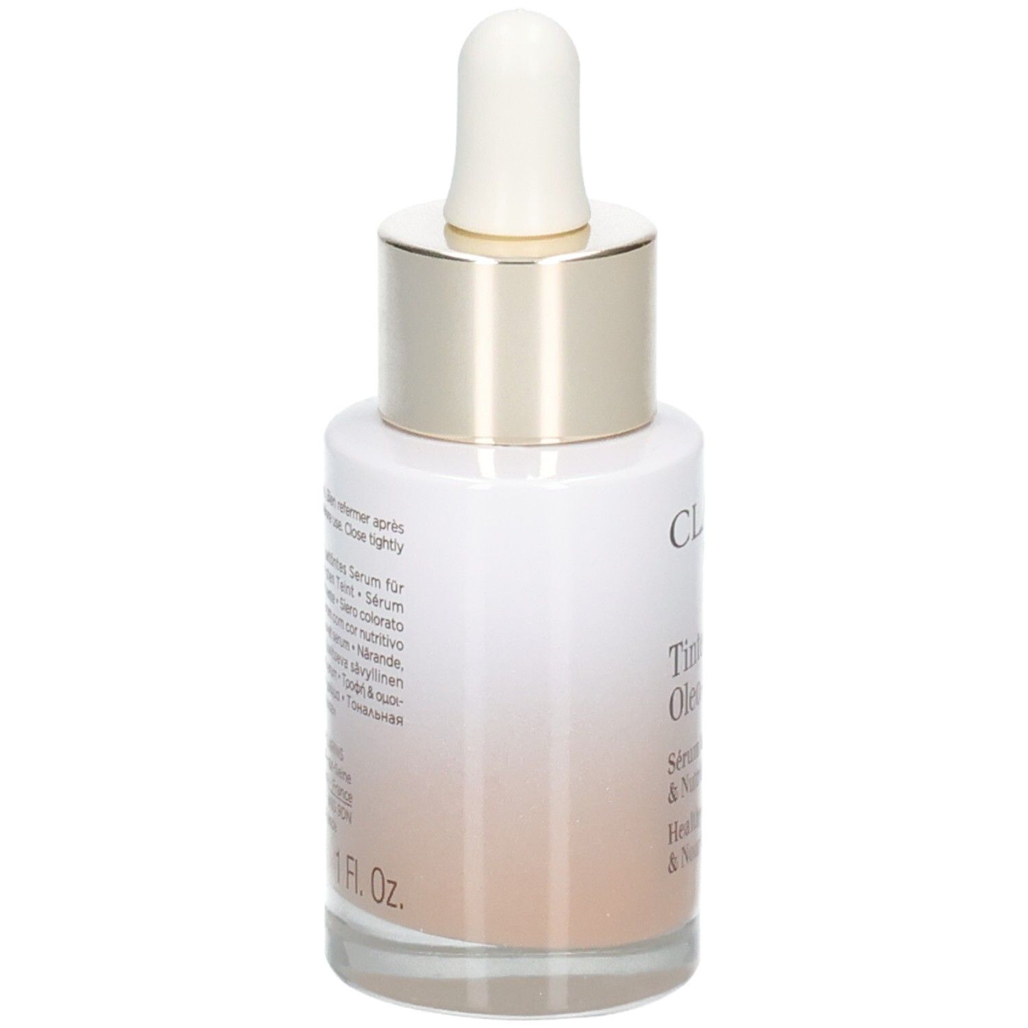 Flacon Clarins Tinted Oleo-Serum avec pipette, dos avec informations produit, teinte 05.