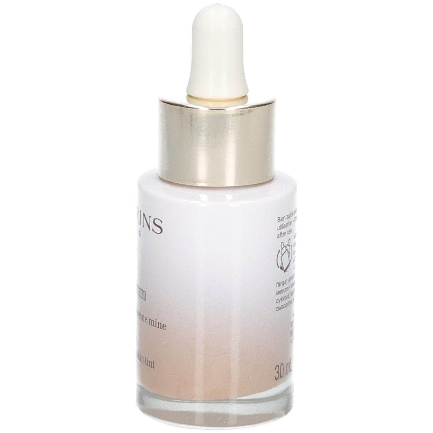 Flacon Clarins Tinted Oleo-Serum avec pipette, dos avec informations produit, 30ml, teinte 05.