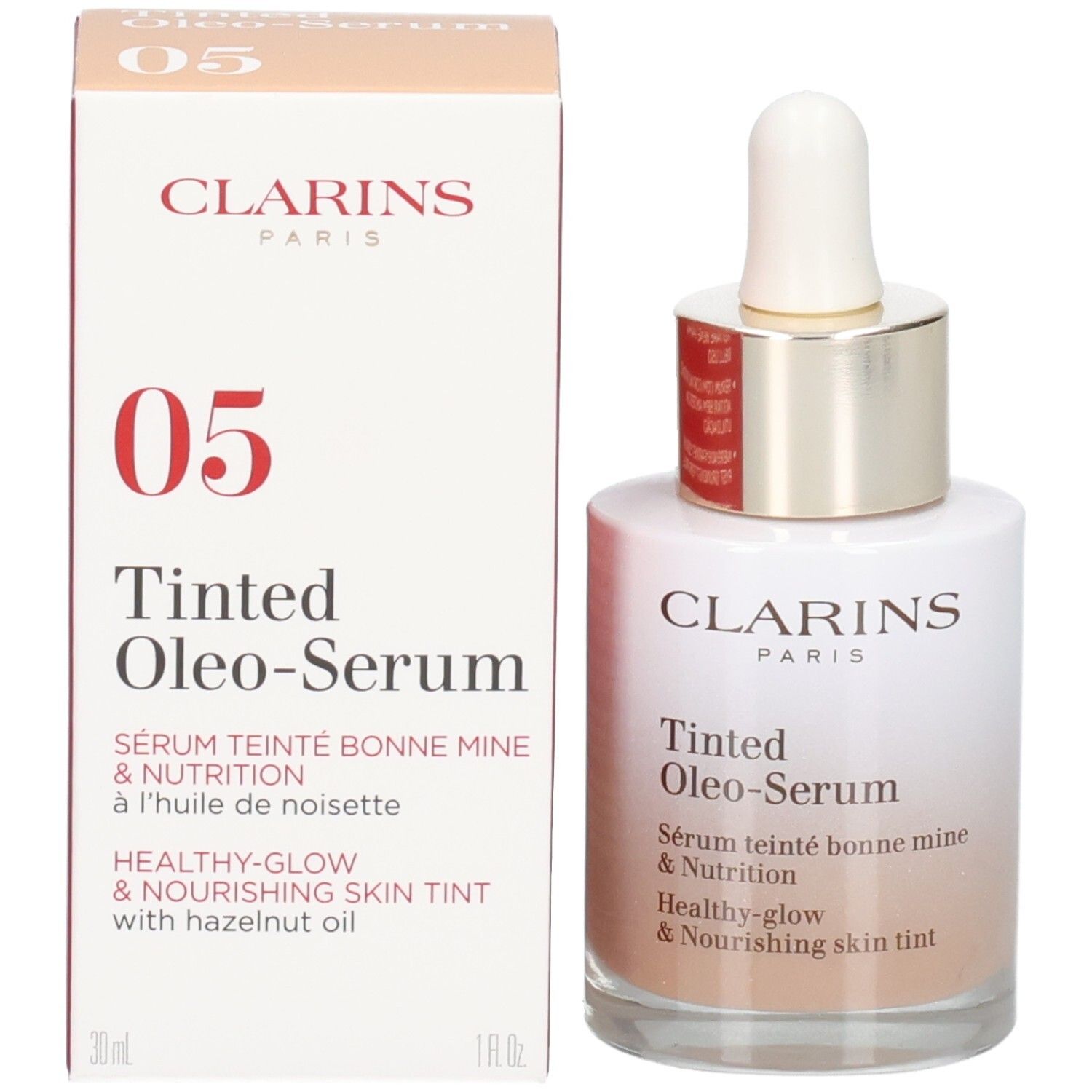 Flacon et boîte Clarins Tinted Oleo-Serum, teinte 05.