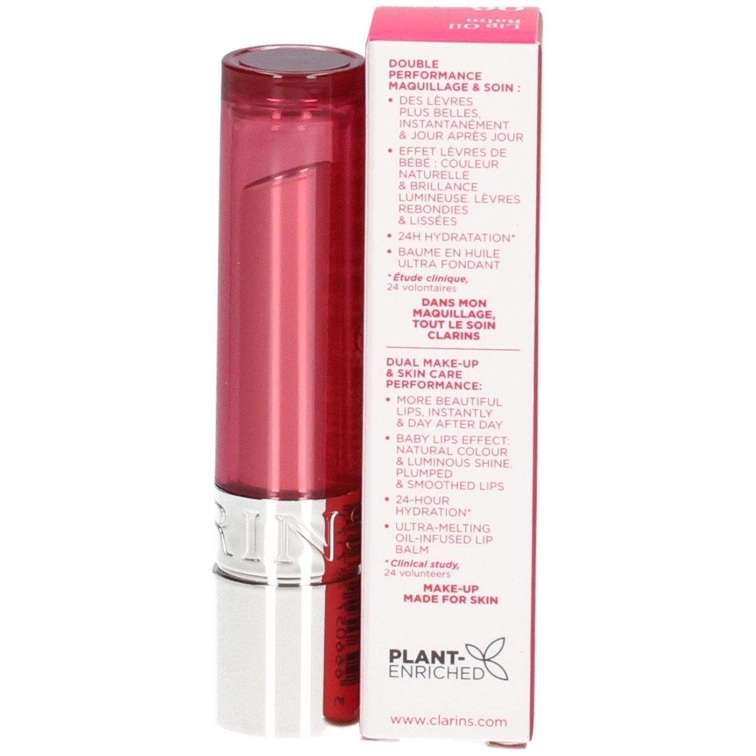 Clarins Lip Oil Balm, teinte 06 Fig, avec emballage et applicateur ouvert.