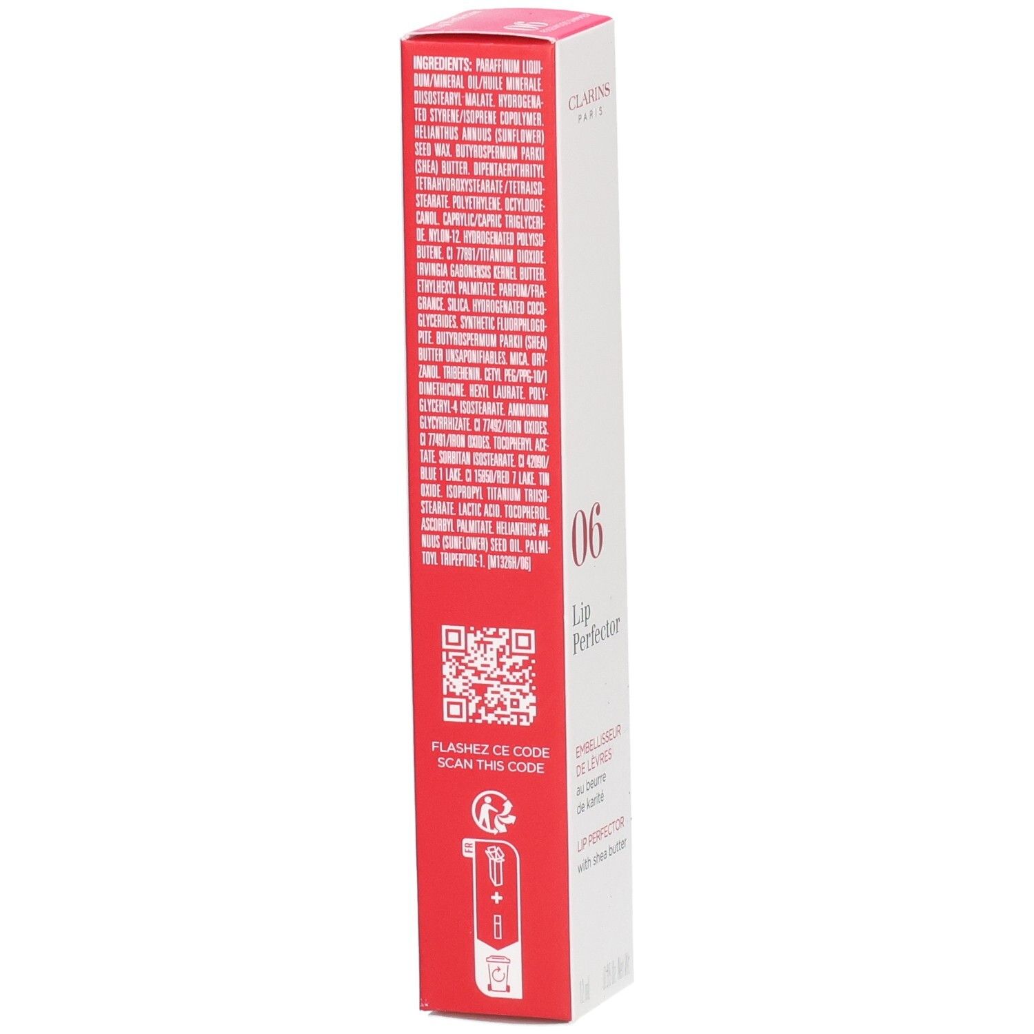 Clarins Lip Perfector 06 boîte, verso avec ingrédients et code QR.