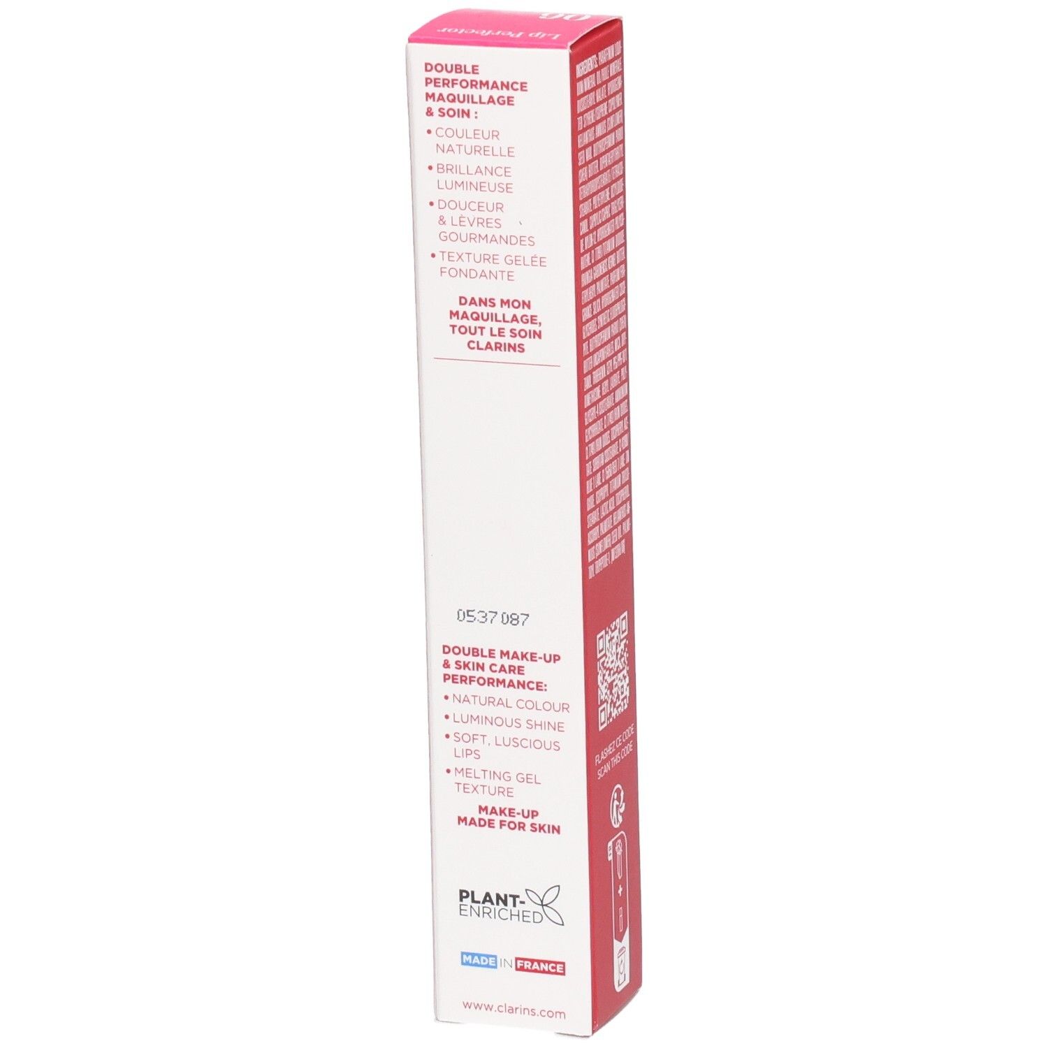 Clarins Lip Perfector 06 boîte, côté avec caractéristiques produit et origine.