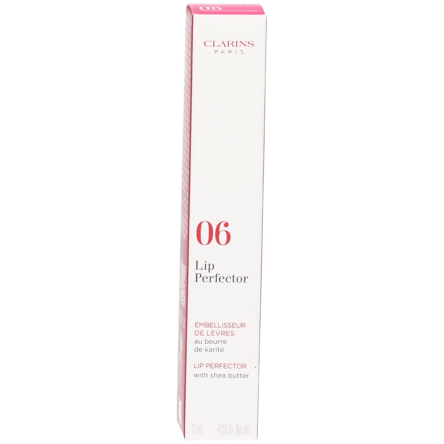 Clarins Lip Perfector 06 en boîte, enrichi au beurre de karité.
