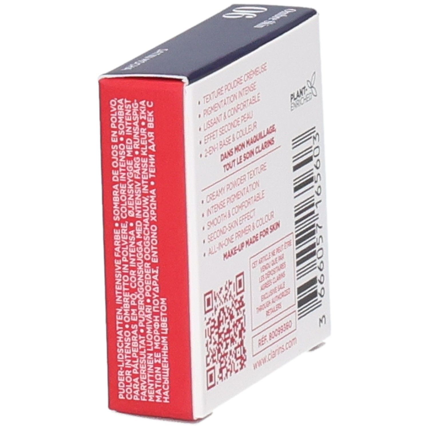 Clarins Ombre Skin 06 Satin Mocha, fard à paupières poudre. Vue latérale de la boîte avec description produit multilingue.
