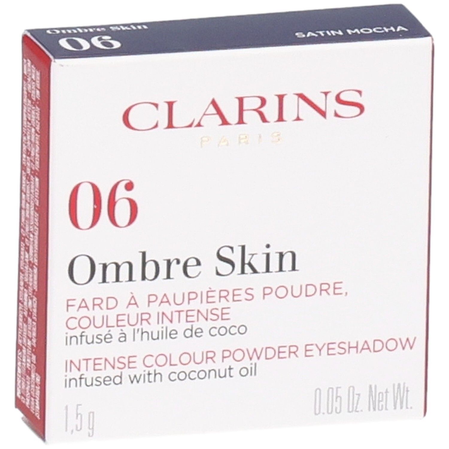 Clarins Ombre Skin 06 Satin Mocha, fard à paupières poudre. Façade de la boîte avec nom de marque et désignation produit.