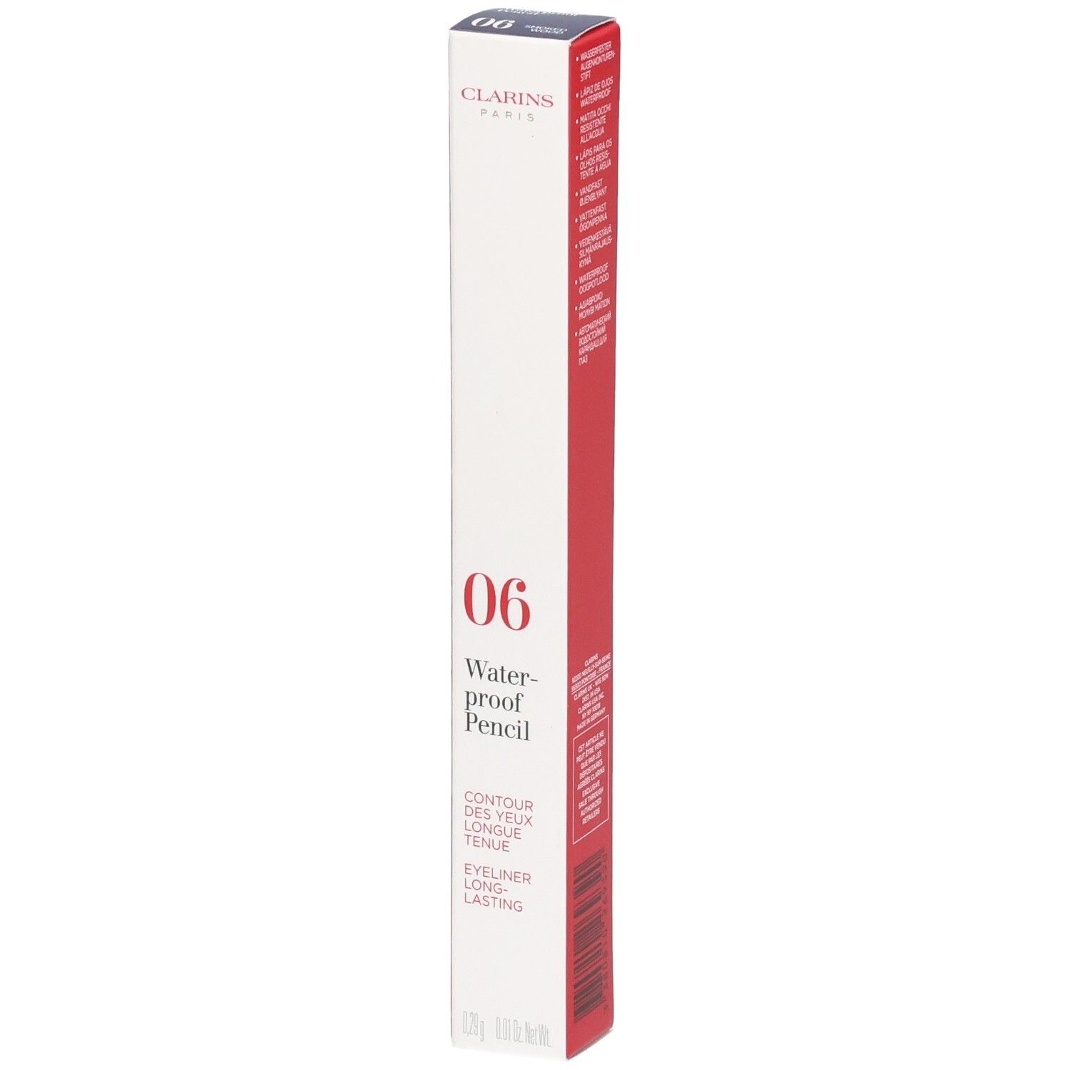 Emballage du Crayon Yeux Waterproof 06 Smoked Wood de Clarins. Boîte rouge et blanche avec informations produit.