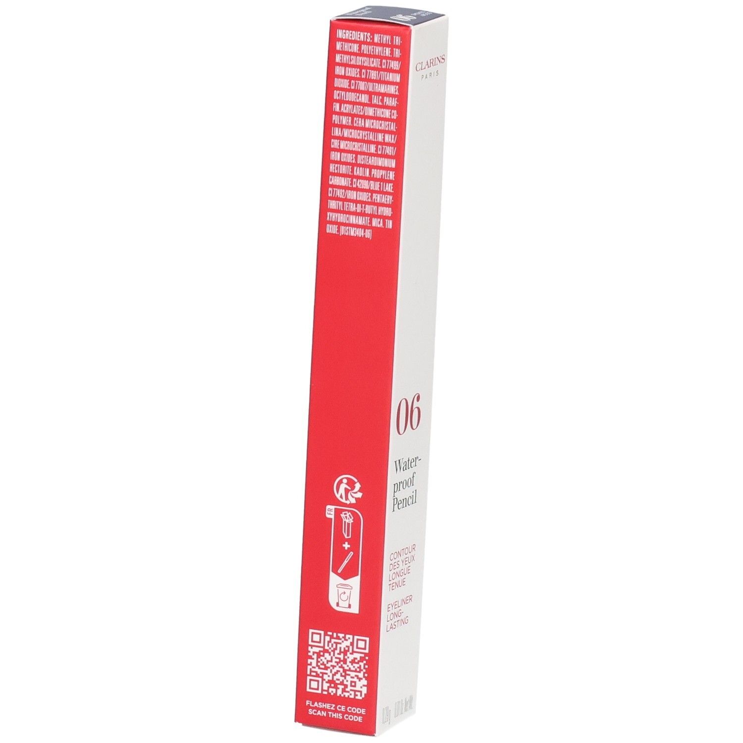 Emballage Crayon Yeux Waterproof 06 Smoked Wood Clarins. Dos avec liste des ingrédients et code QR.