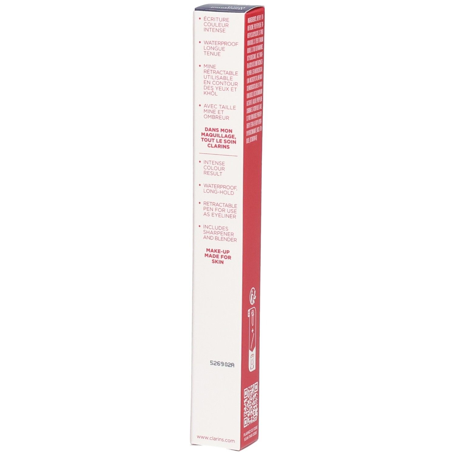 Emballage Crayon Yeux Waterproof 06 Smoked Wood Clarins. Côté avec caractéristiques produit en plusieurs langues.