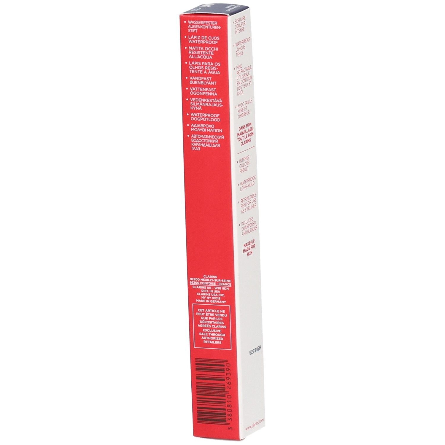 Emballage Crayon Yeux Waterproof 06 Smoked Wood Clarins. Côté avec caractéristiques produit en allemand et anglais.