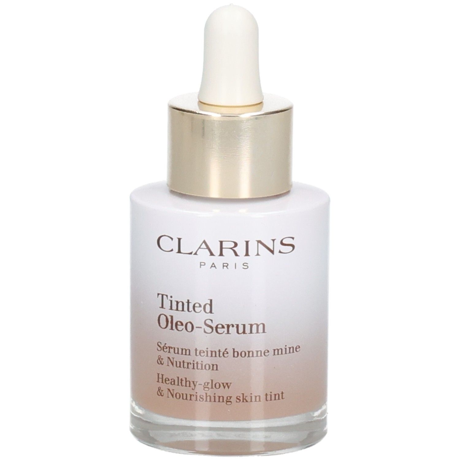 Flacon Clarins Tinted Oleo-Serum avec pipette. Anneau doré et bouchon blanc.