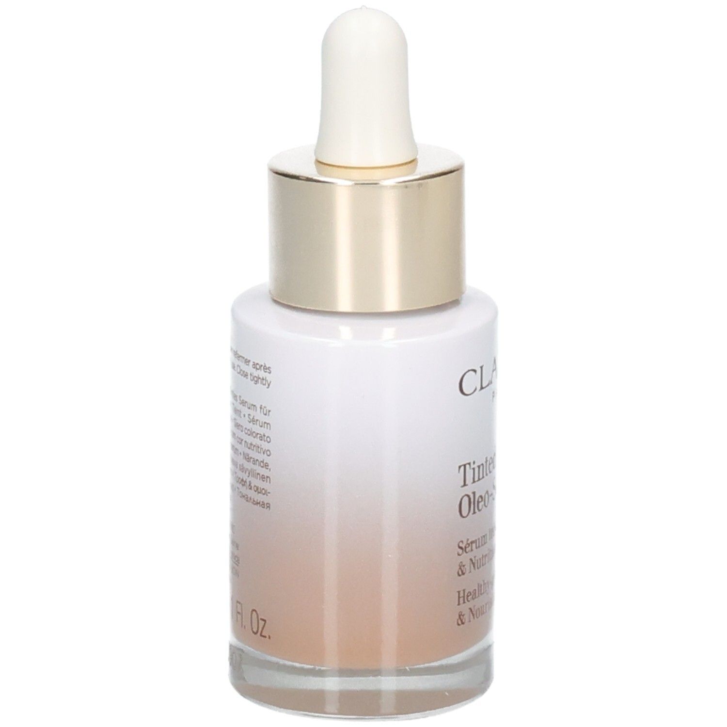 Flacon Clarins Tinted Oleo-Serum avec pipette. Anneau doré et bouchon blanc. Vue de côté.