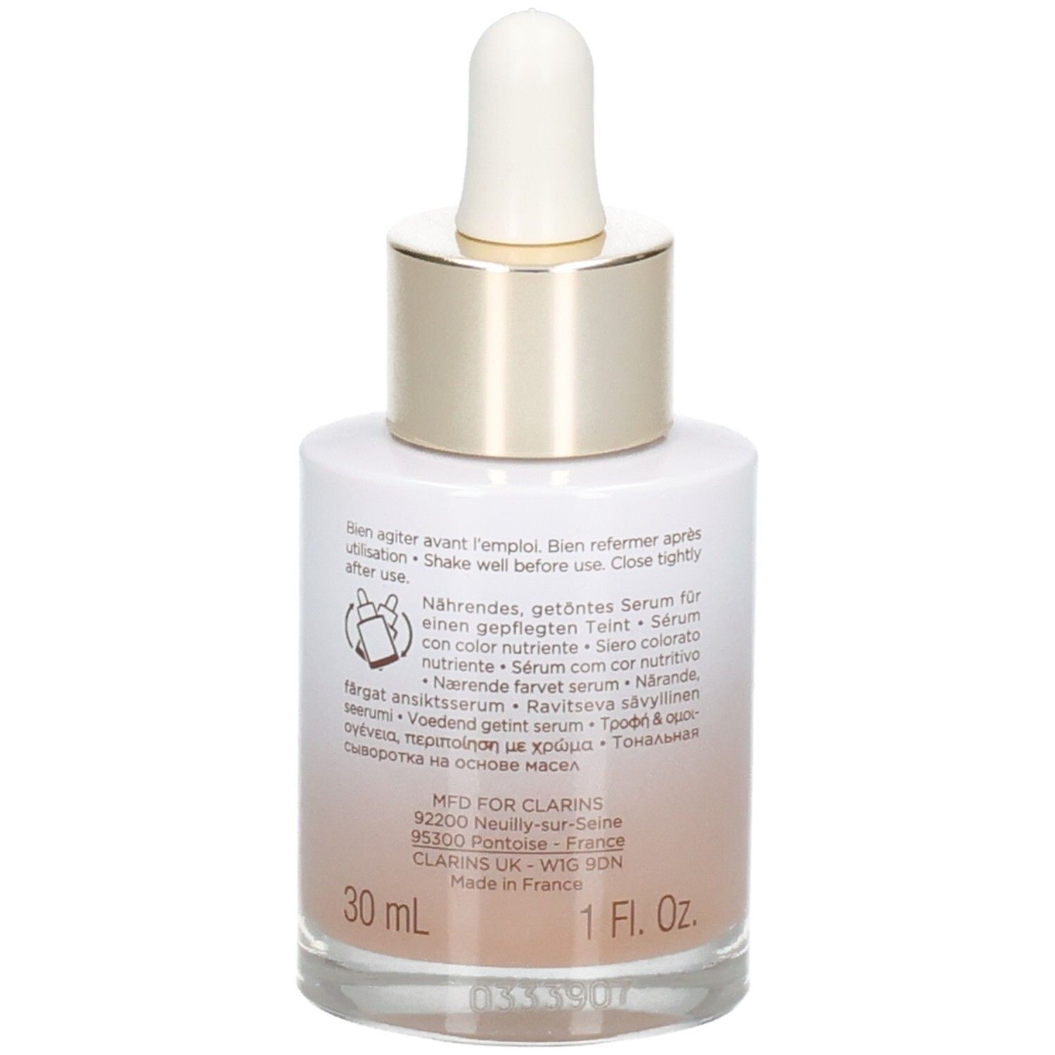 Flacon Clarins Tinted Oleo-Serum avec pipette. Dos avec informations produit et mention 30ml.