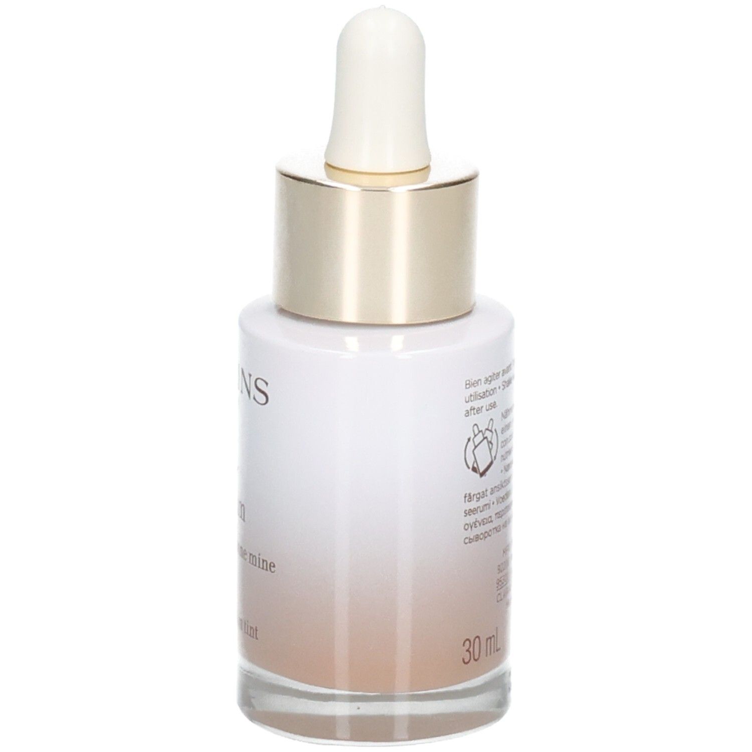 Flacon Clarins Tinted Oleo-Serum avec pipette. Vue de côté avec informations produit.