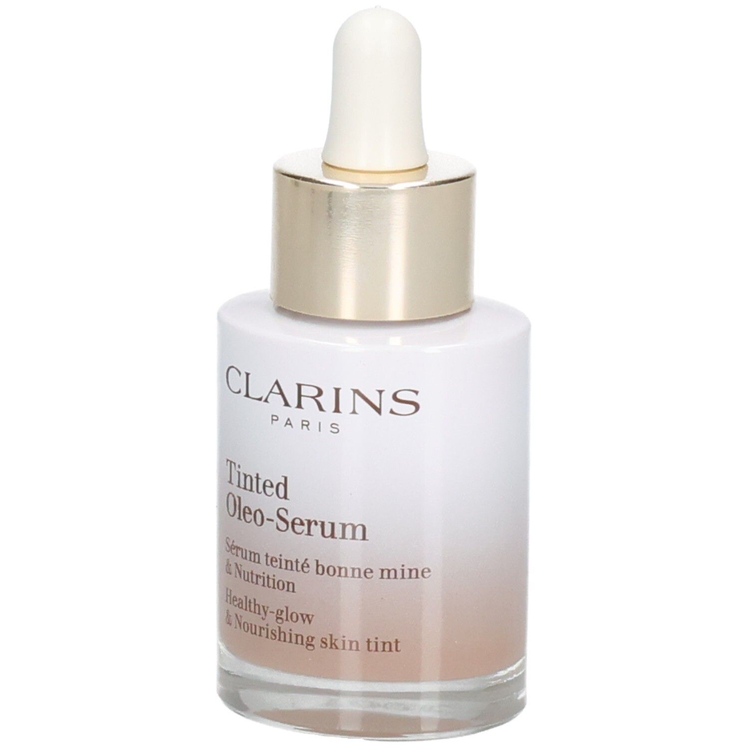Flacon Clarins Tinted Oleo-Serum avec pipette. Anneau doré et bouchon blanc. Vue de face.