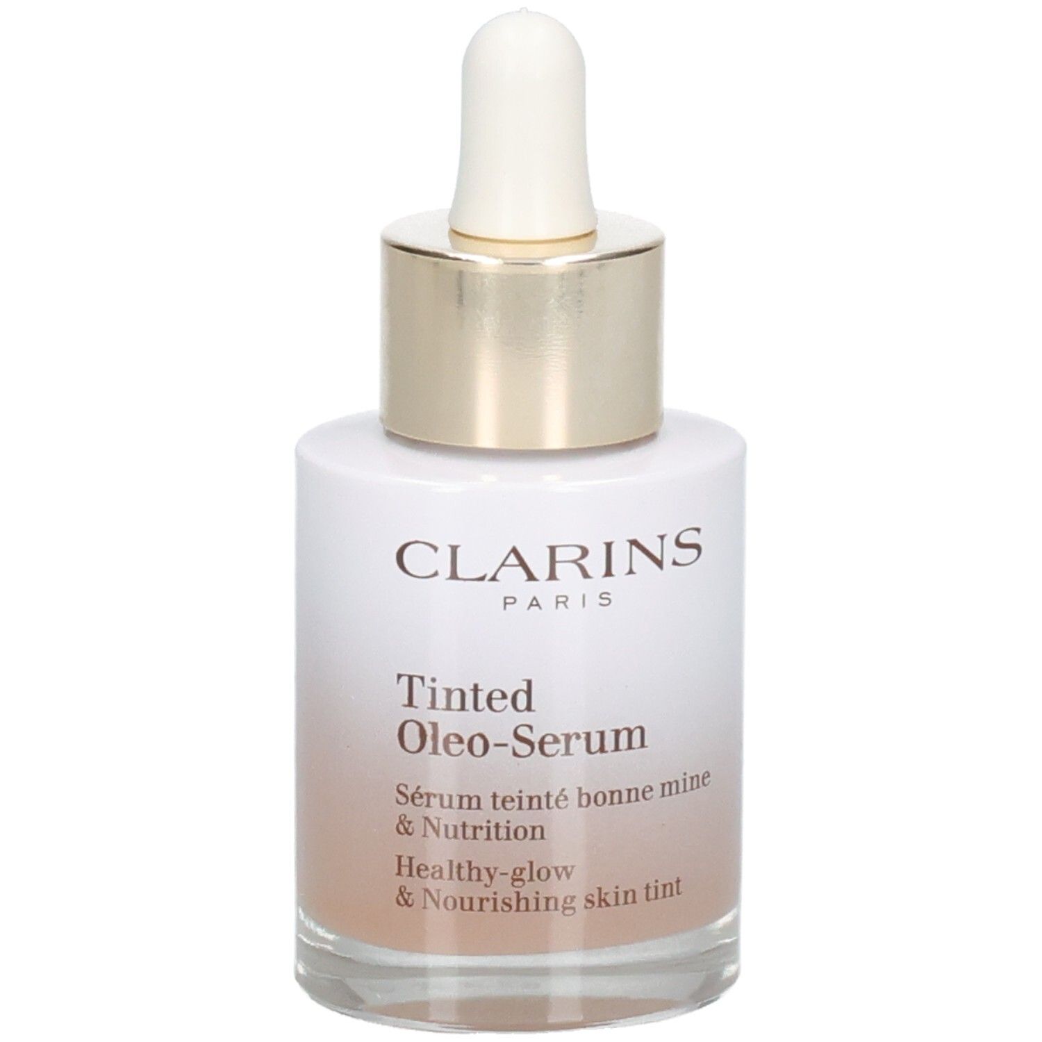 Flacon Clarins Tinted Oleo-Serum avec pipette. Anneau doré et bouchon blanc. Vue de face.