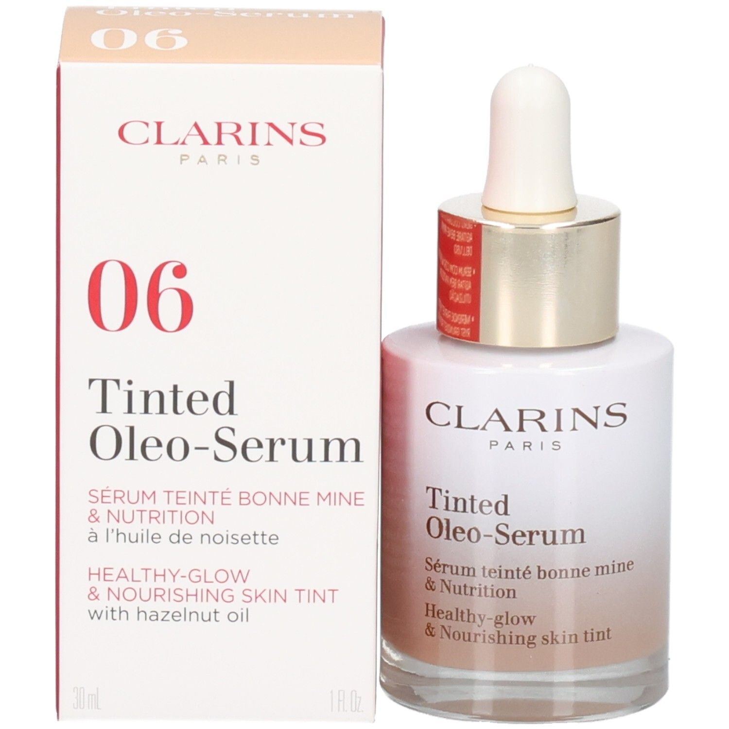 Flacon Clarins Tinted Oleo-Serum et son emballage. Numéro 06 sur la boîte.
