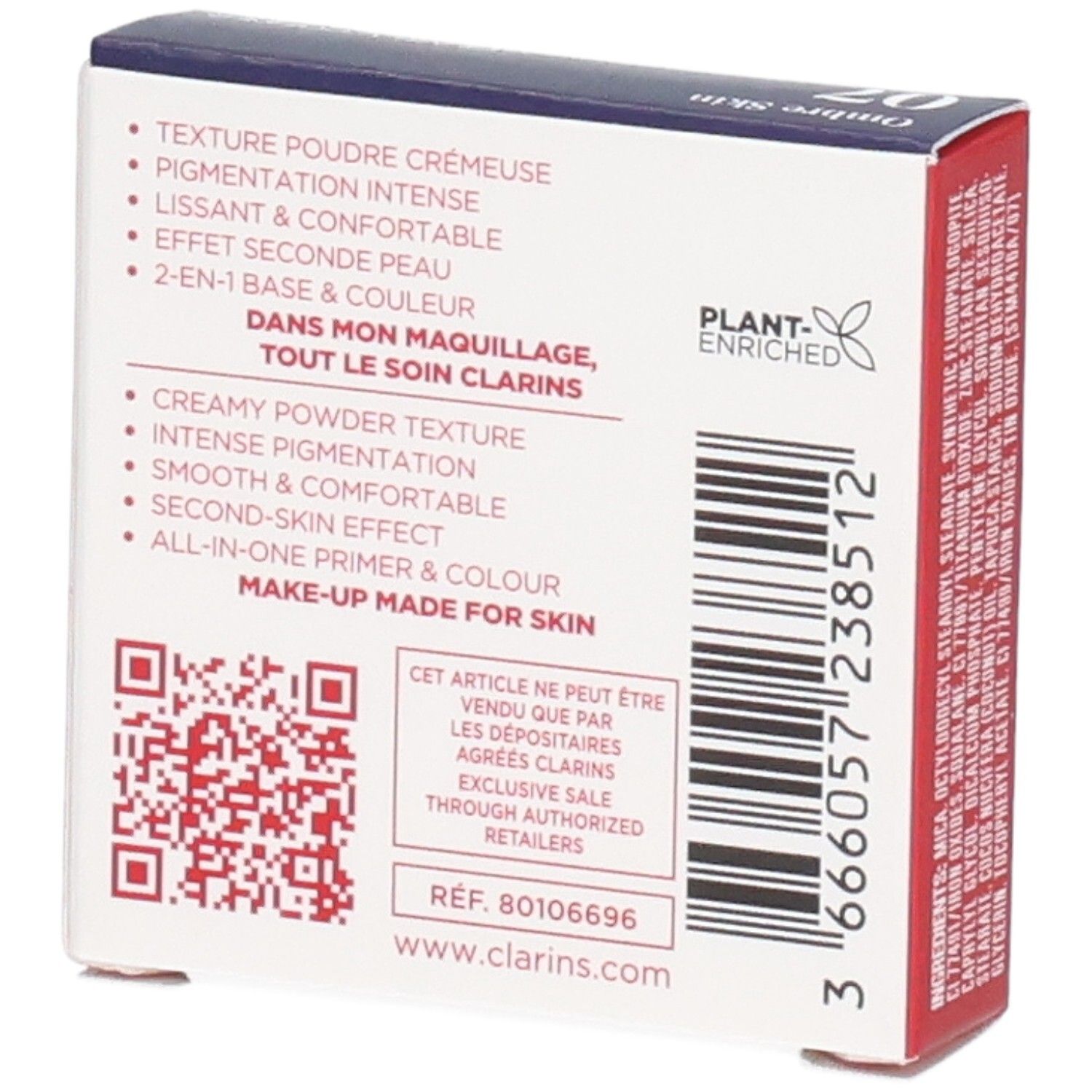 Clarins Ombre Skin fard à paupières compact 07 Cuivre Perle, 1,5 g, dos avec ingrédients.