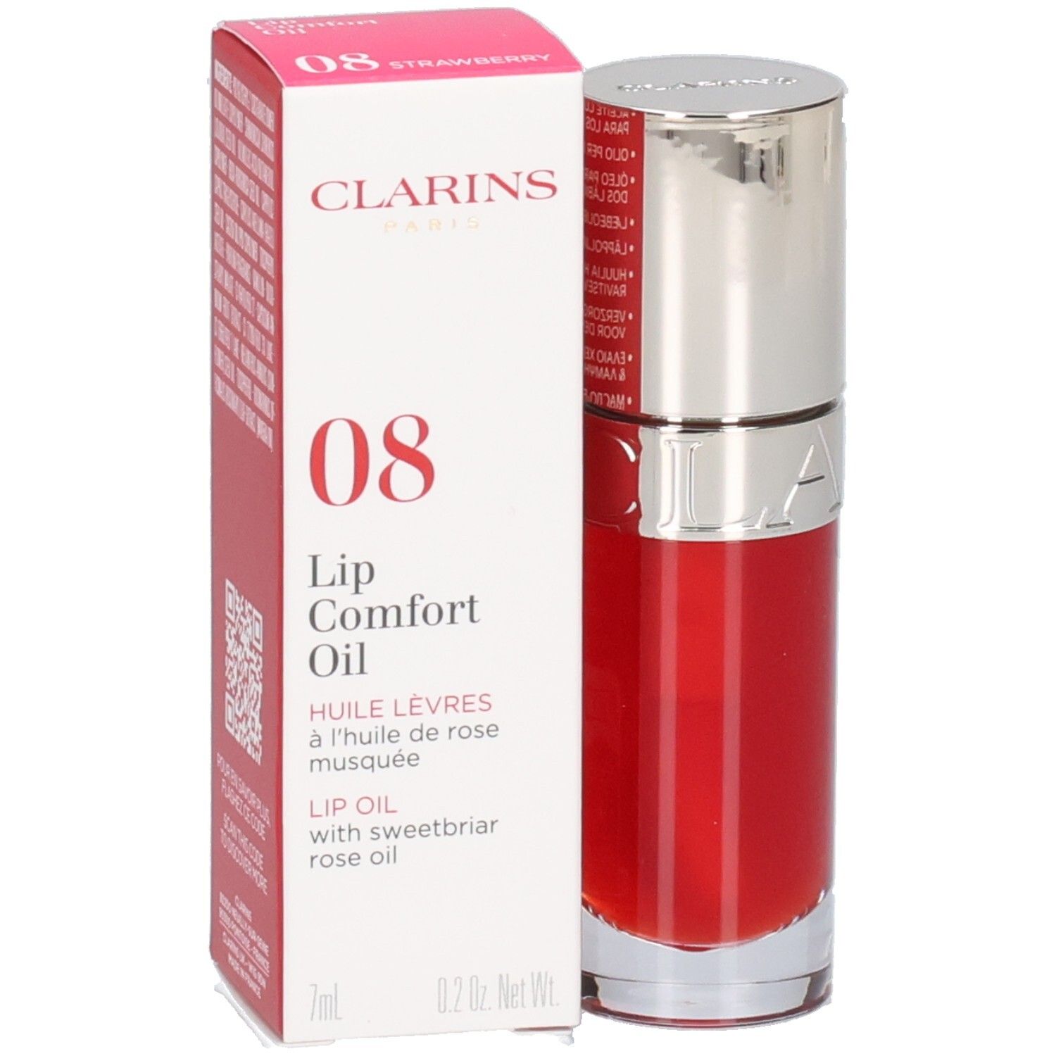 Clarins Lip Comfort Oil 08 dans son emballage rouge avec flacon.