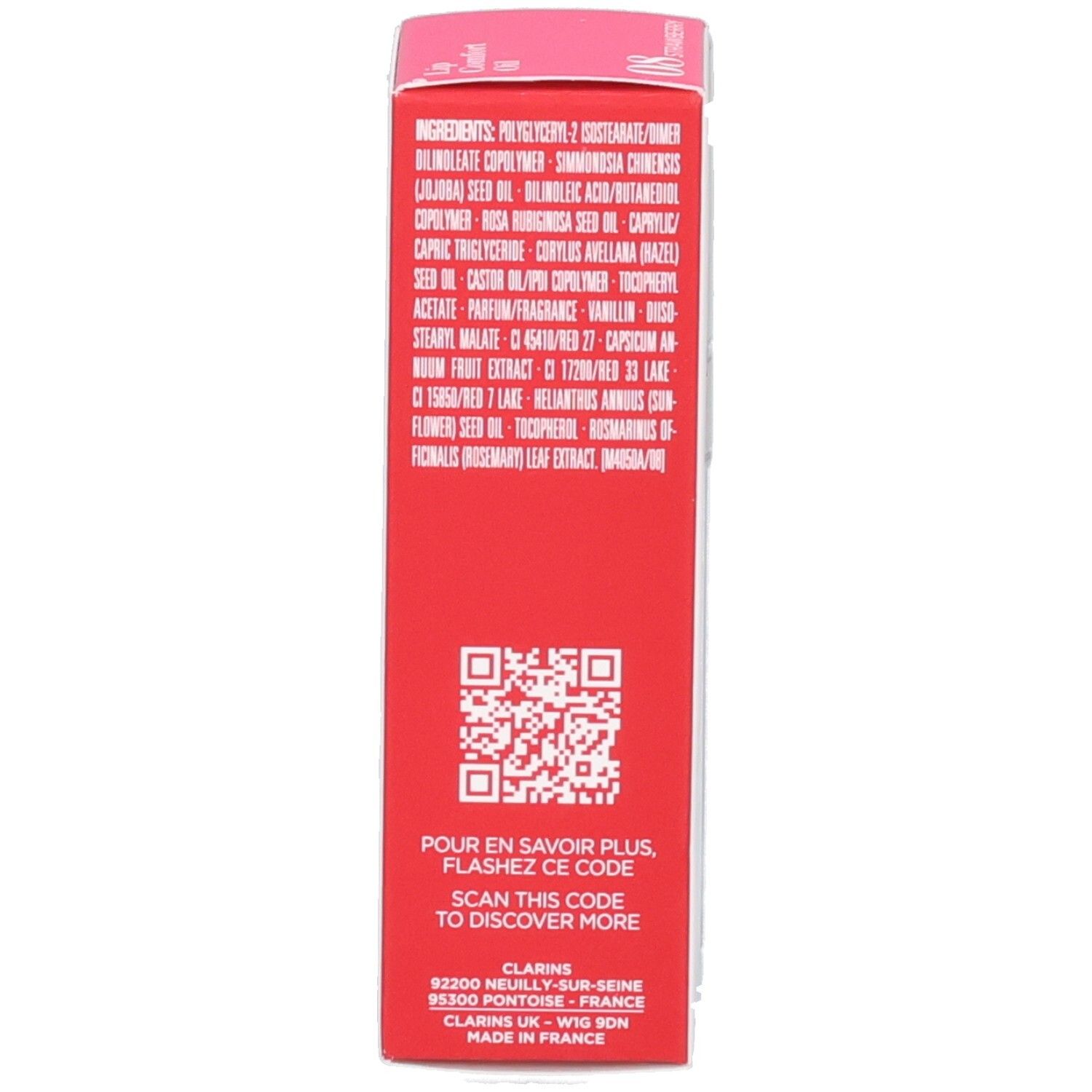 Clarins Lip Comfort Oil 08: Vue latérale de l'emballage rouge avec ingrédients.