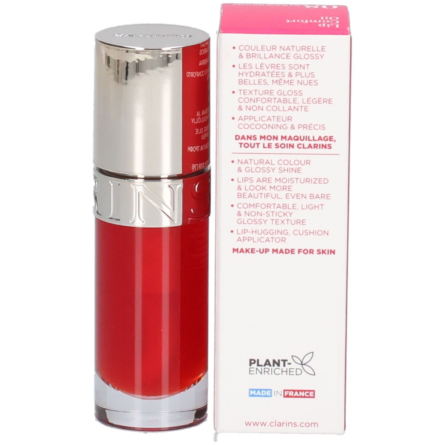 Clarins Lip Comfort Oil 08: Flacon et emballage rouge avec caractéristiques du produit.