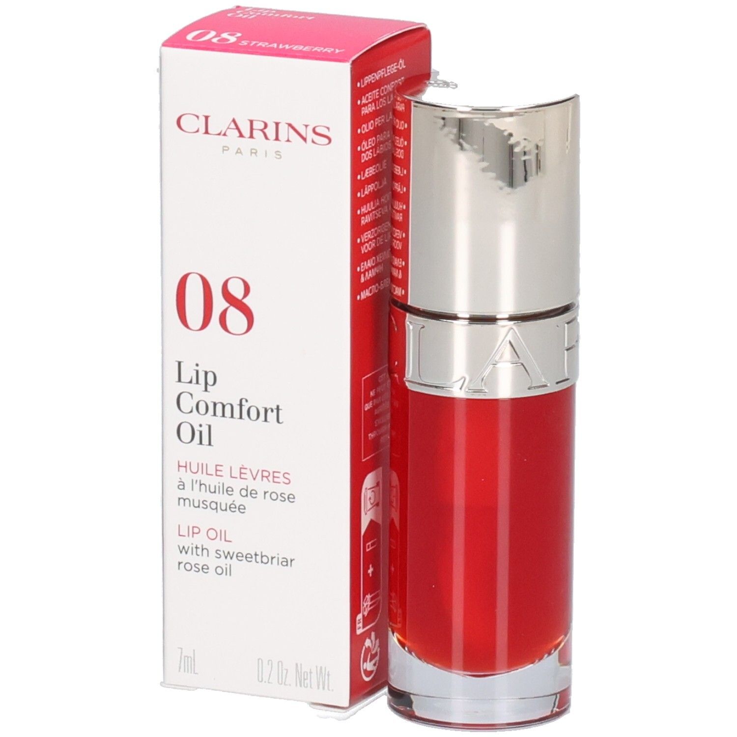 Clarins Lip Comfort Oil 08: Emballage rouge et flacon d'huile à lèvres rouge.