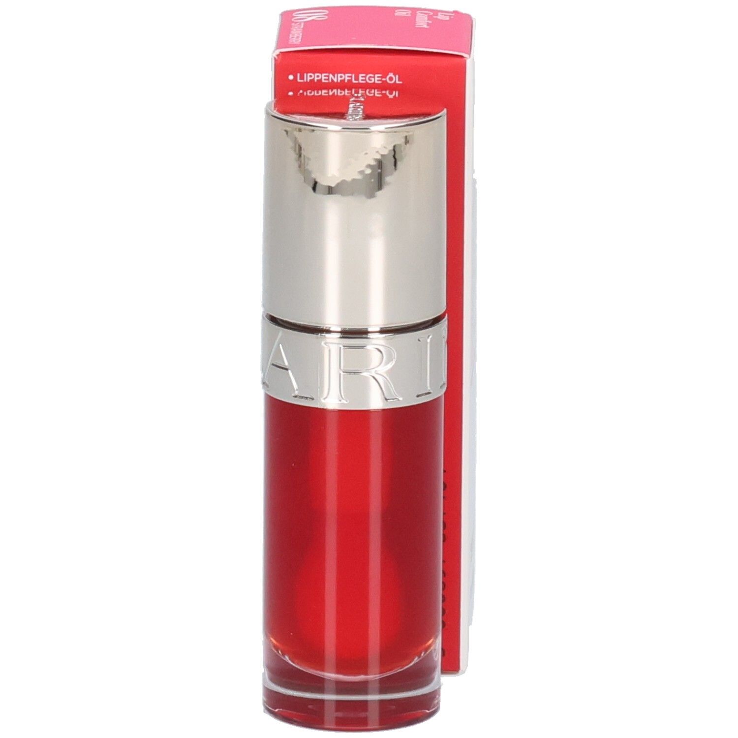 Clarins Lip Comfort Oil 08: Flacon d'huile à lèvres rouge avec bouchon argenté.