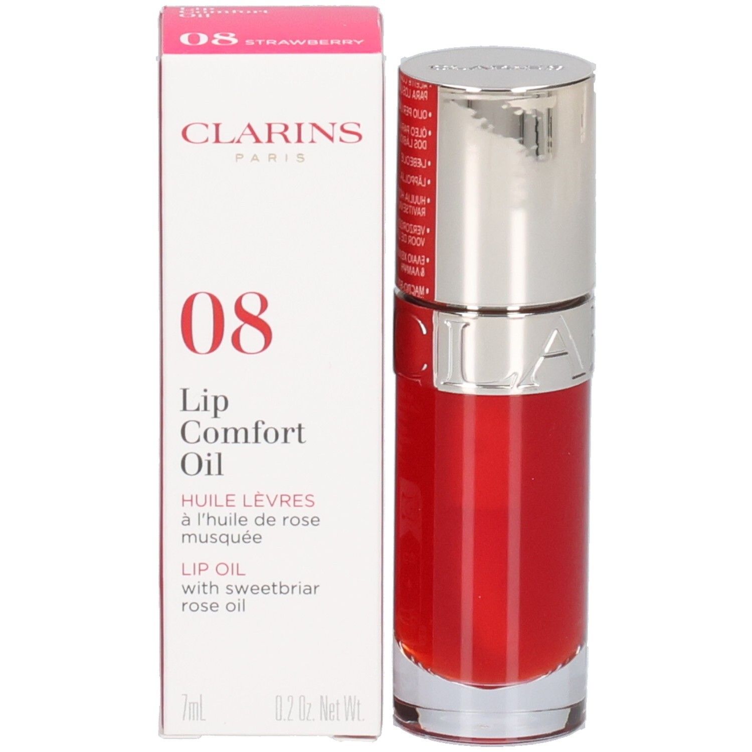 Clarins Lip Comfort Oil 08: Emballage rouge et flacon d'huile à lèvres rouge.