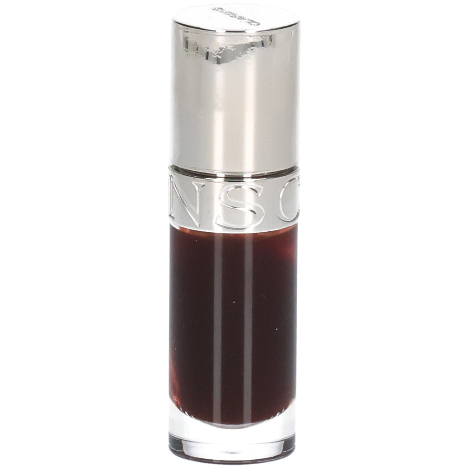 Clarins Lip Comfort Oil 09 Chocolate, flacon en verre avec capuchon argenté, inscription 'CLARINS'.