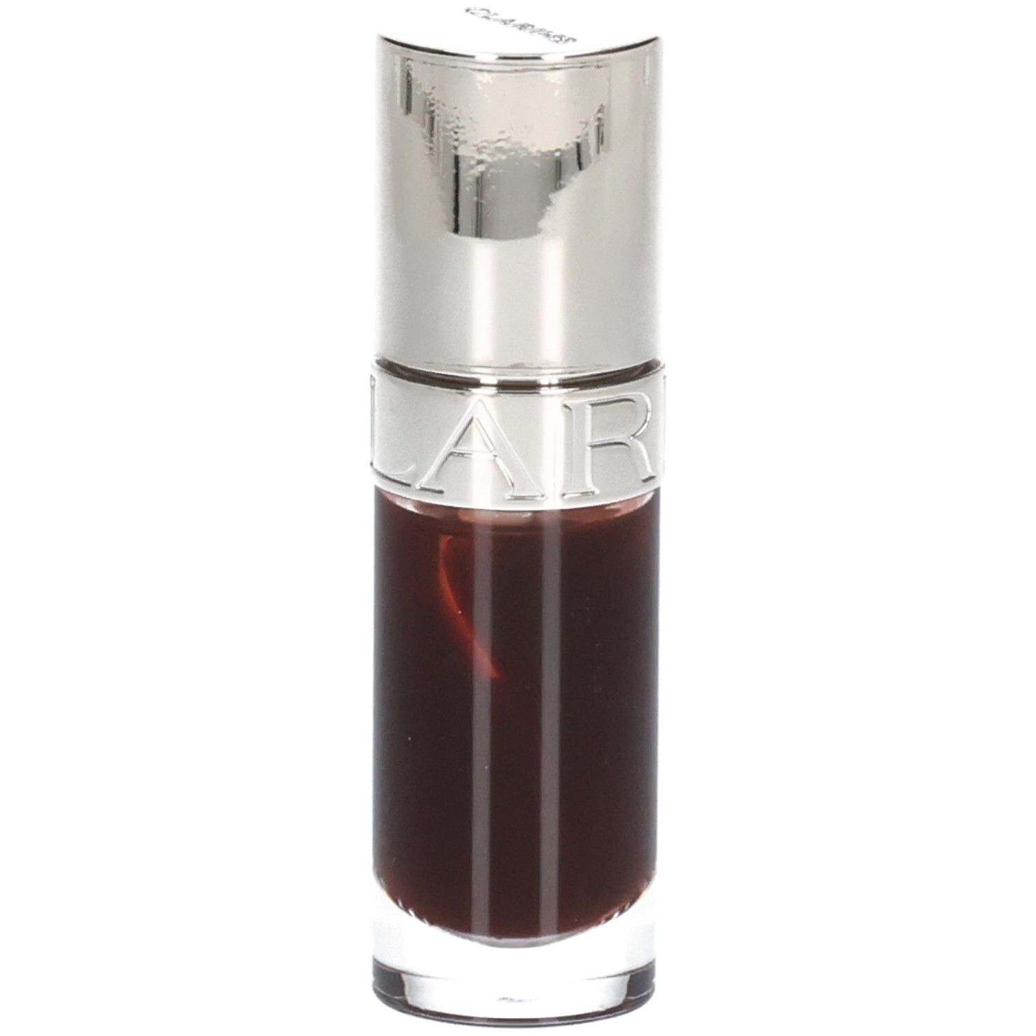 Clarins Lip Comfort Oil 09 Chocolate, flacon en verre avec capuchon argenté, inscription 'CLARINS'.