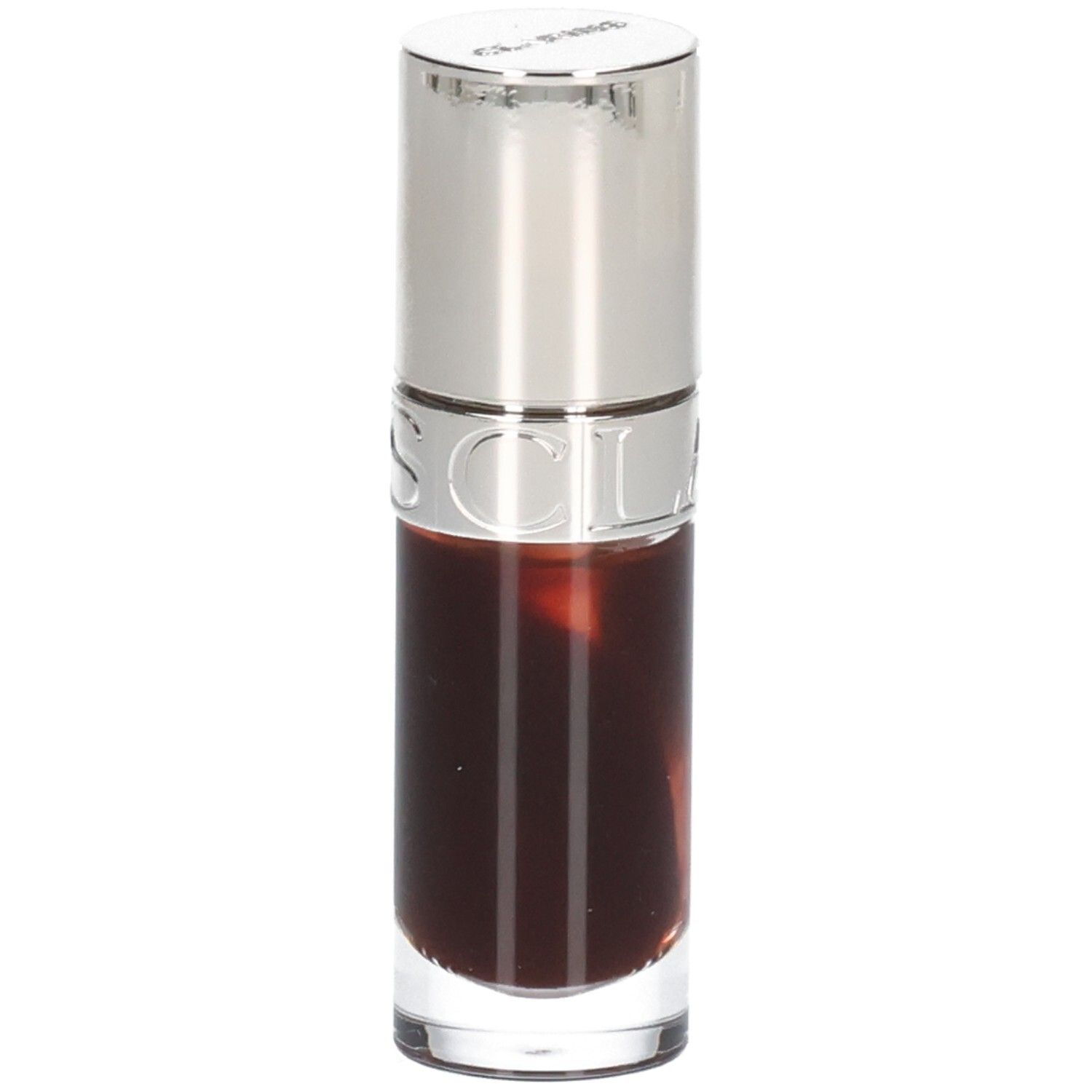 Clarins Lip Comfort Oil 09 Chocolate, flacon en verre avec capuchon argenté, inscription 'CLARINS'.