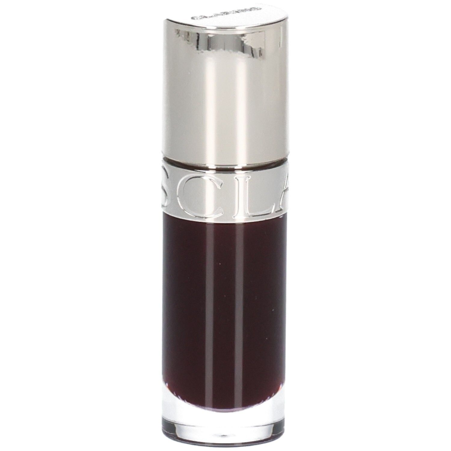 Clarins Lip Comfort Oil 10 - Prune, huile foncée et transparente dans un flacon en verre avec applicateur argenté.