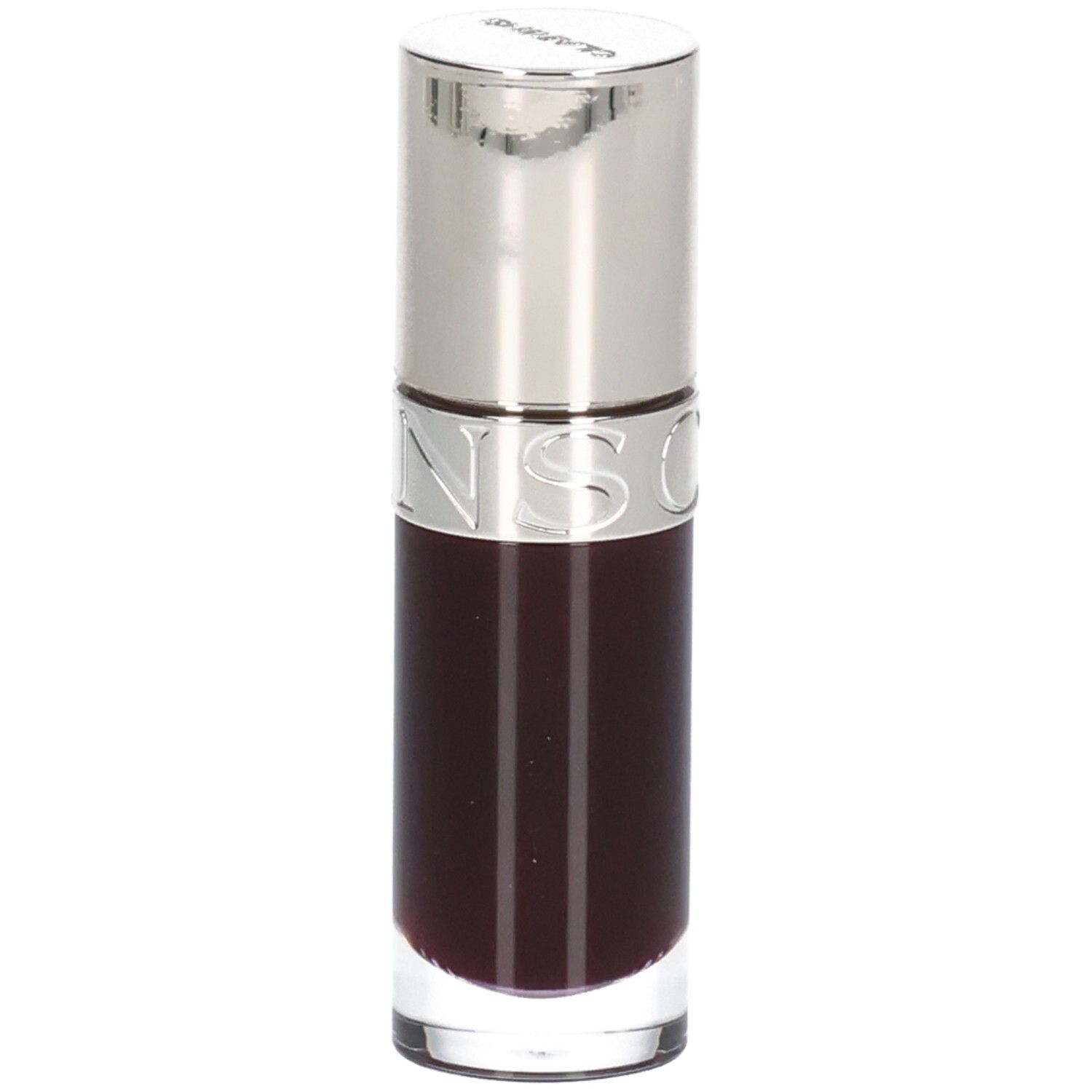 Clarins Lip Comfort Oil 10 - Prune, huile foncée et transparente dans un flacon en verre avec applicateur argenté.