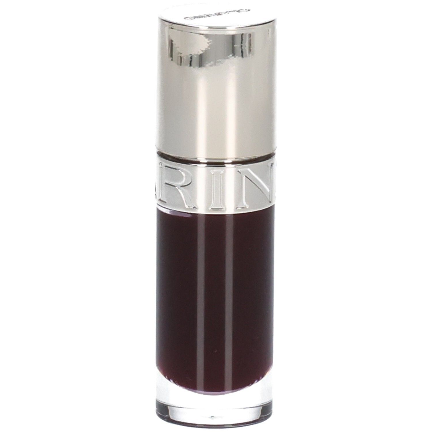 Clarins Lip Comfort Oil 10 - Prune, huile foncée et transparente dans un flacon en verre avec applicateur argenté.