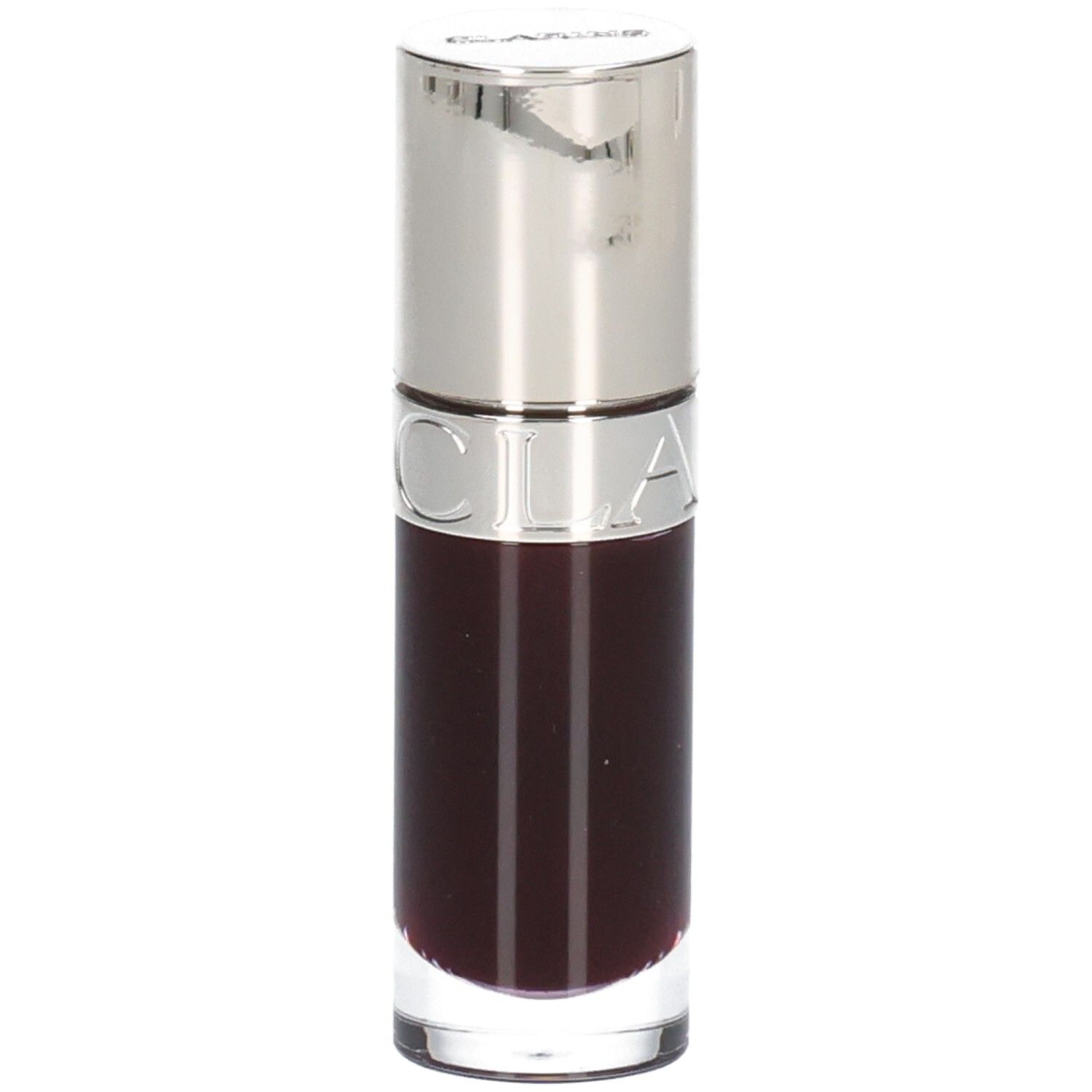 Clarins Lip Comfort Oil 10 - Prune, huile foncée et transparente dans un flacon en verre avec applicateur argenté.