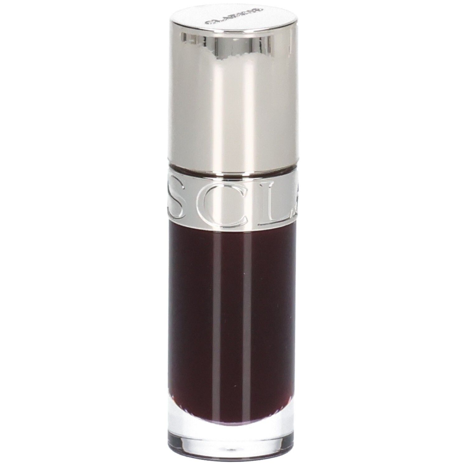 Clarins Lip Comfort Oil 10 - Prune, huile foncée et transparente dans un flacon en verre avec applicateur argenté.