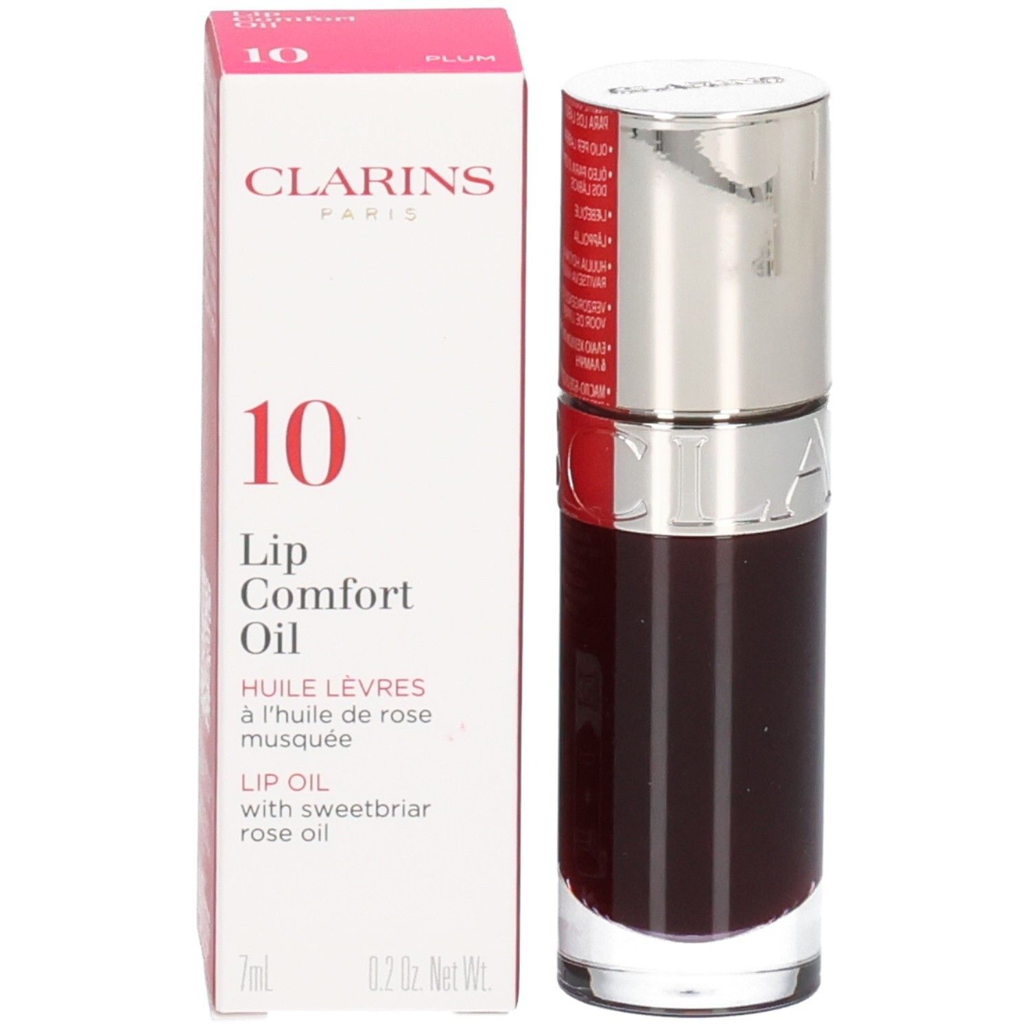 Clarins Lip Comfort Oil 10 - Prune, huile foncée et transparente dans un flacon en verre avec applicateur argenté.