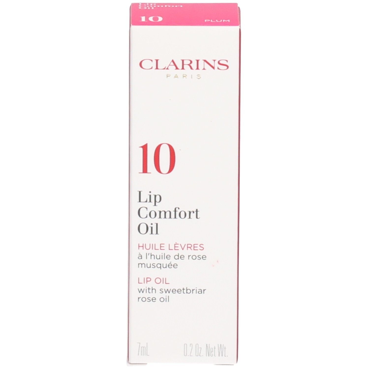 Clarins Lip Comfort Oil 10 - Prune, avec emballage. Huile foncée dans un flacon en verre, applicateur argenté.