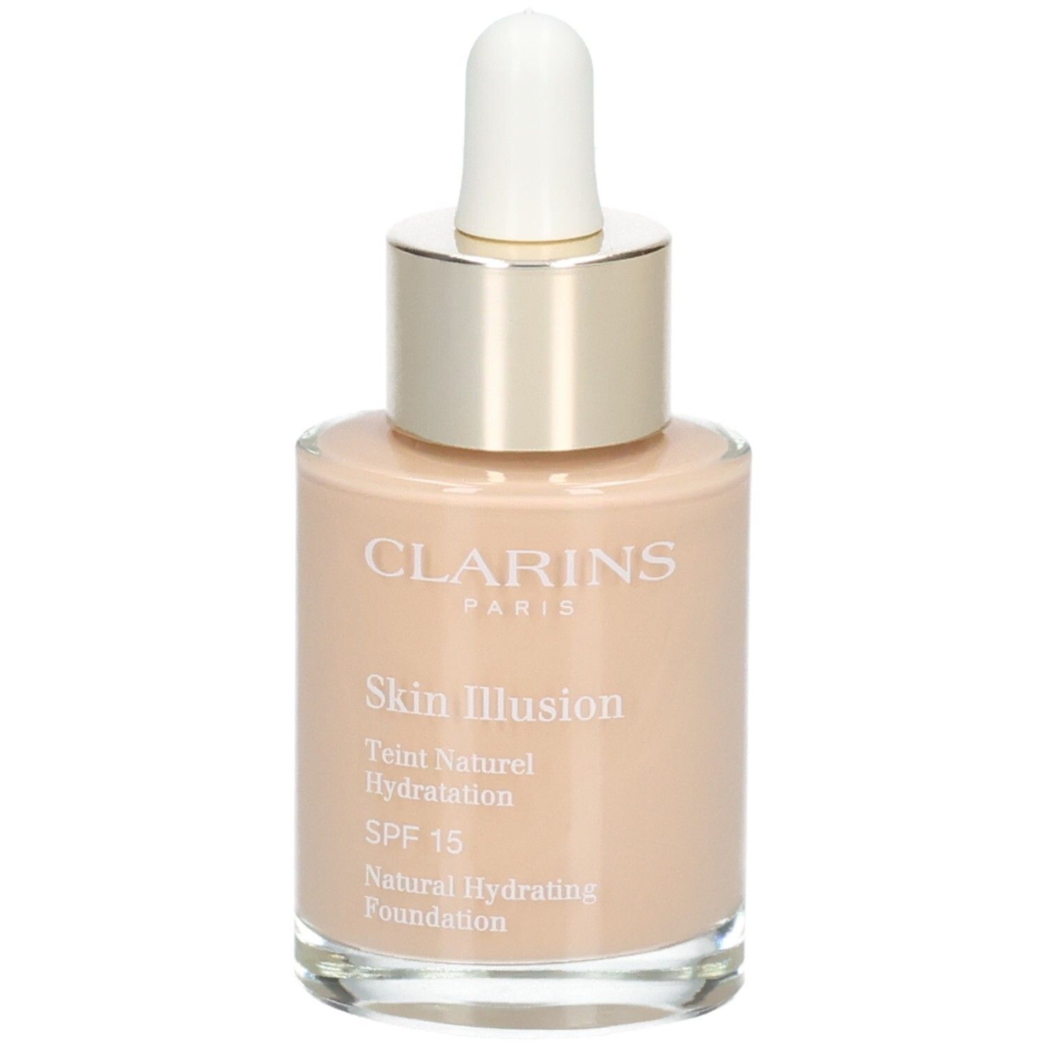 Fond de teint Clarins Skin Illusion en flacon verre avec pipette, teinte 108 Sand.