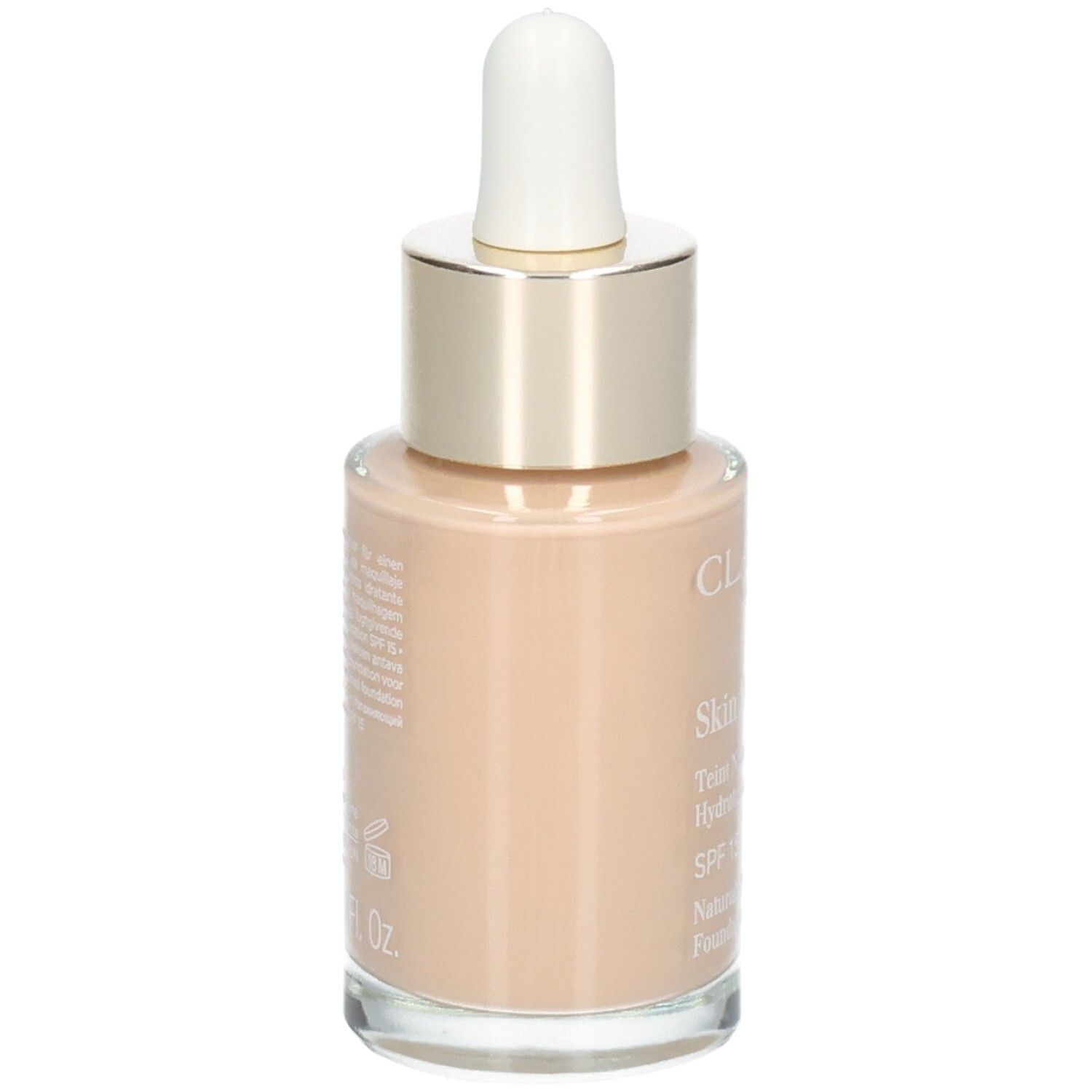 Clarins Skin Illusion fond de teint, arrière du flacon verre avec pipette, teinte 108 Sand.