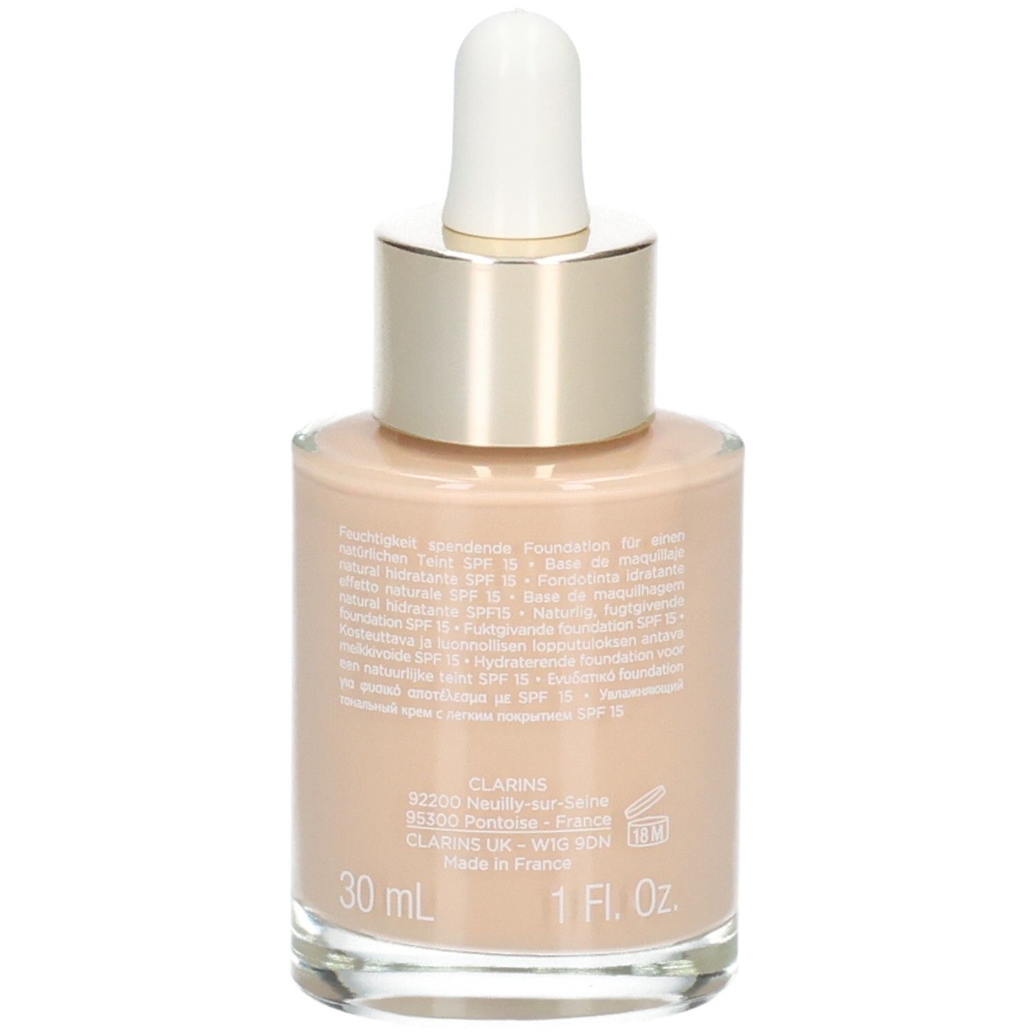 Clarins Skin Illusion fond de teint, arrière du flacon verre avec pipette, 30ml, teinte 108 Sand.