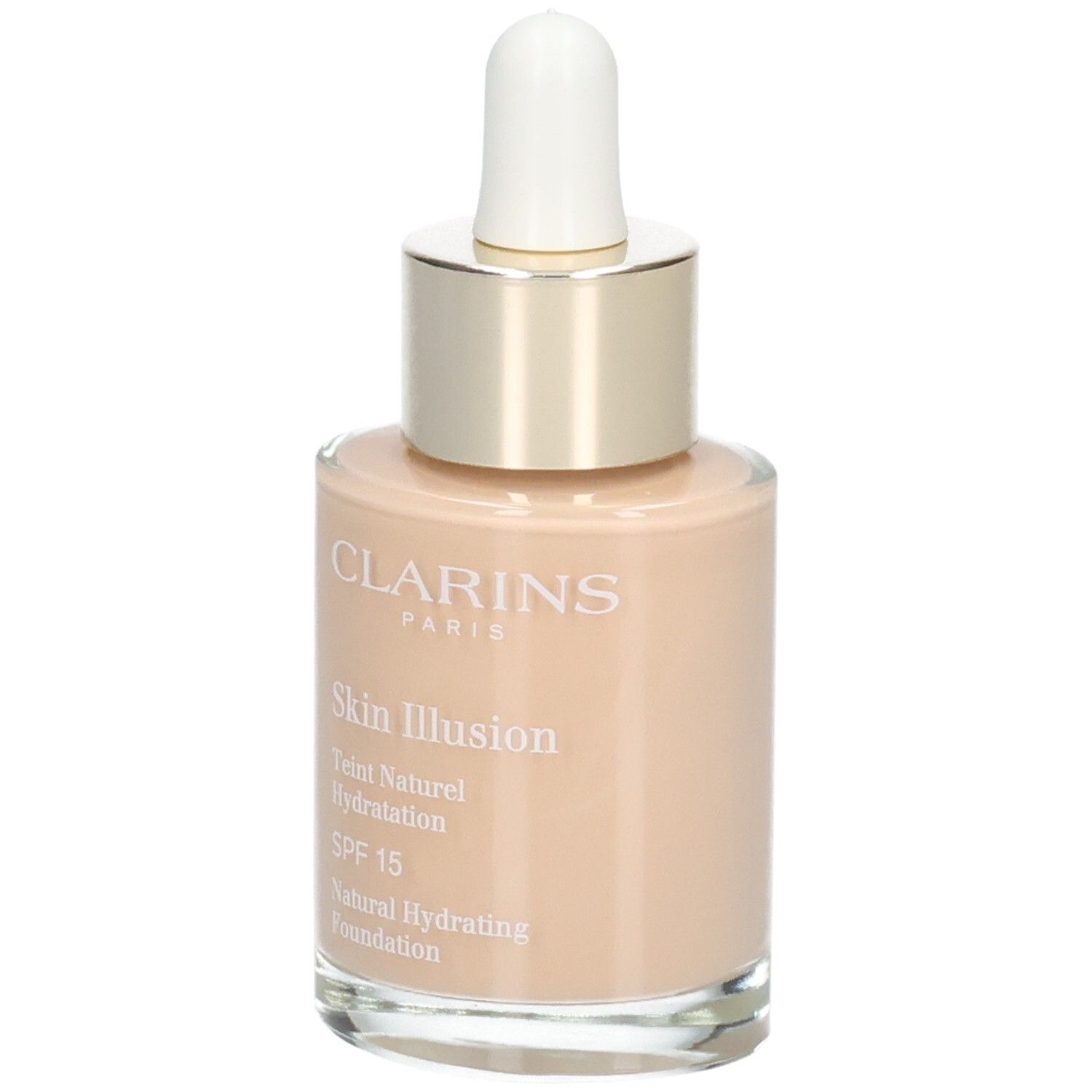 Fond de teint Clarins Skin Illusion en flacon verre avec pipette, teinte 108 Sand.