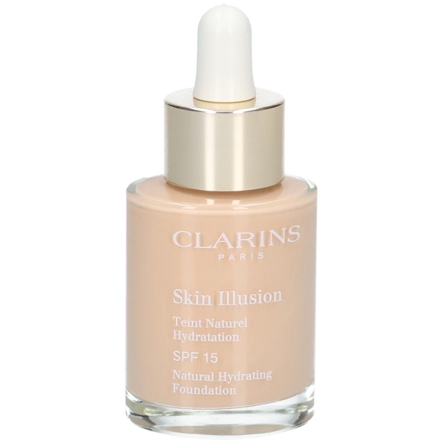 Fond de teint Clarins Skin Illusion en flacon verre avec pipette, teinte 108 Sand.